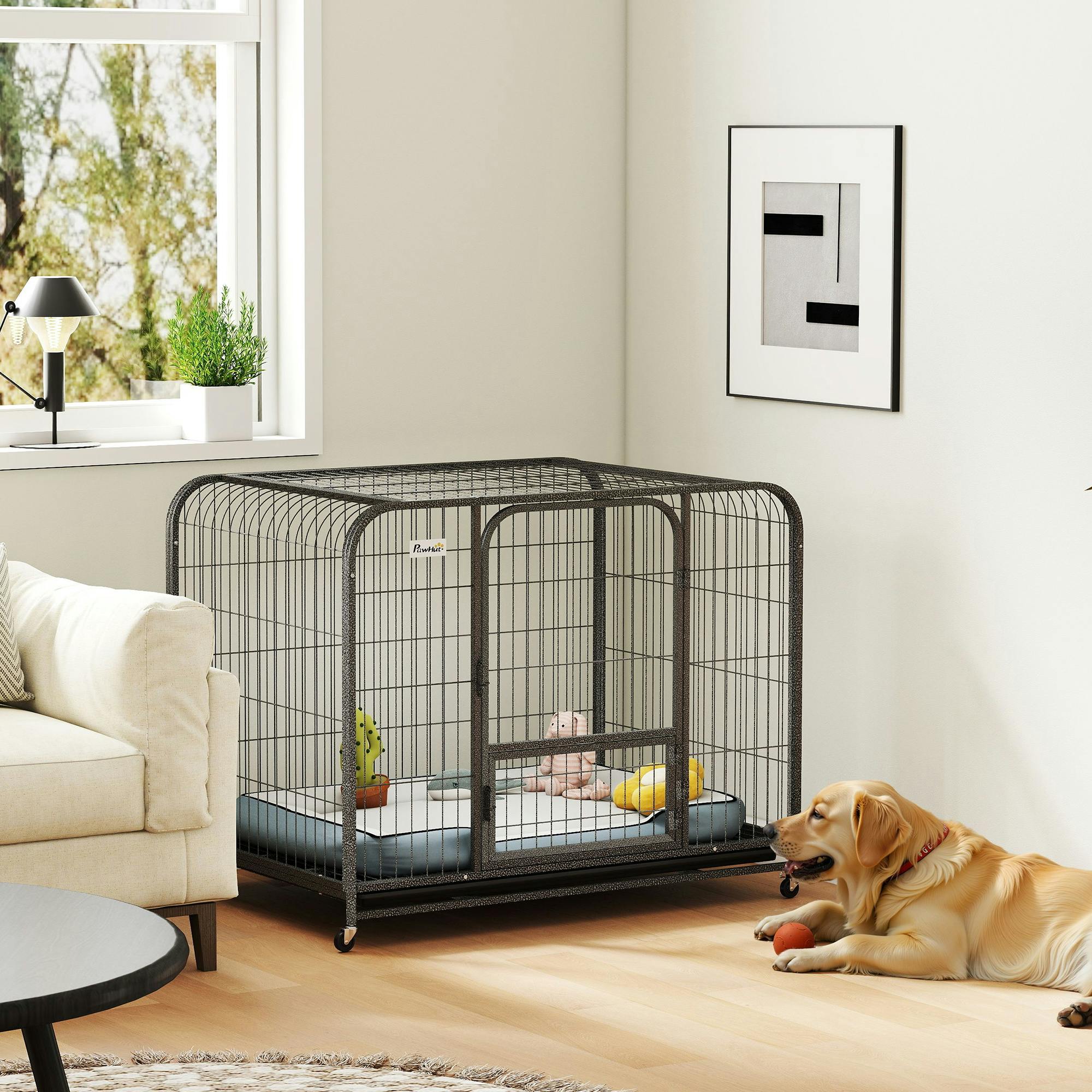 Pawhut Black Heavy Duty Dog Crate, Large Dog Cage With Wheels And Tray - 109 X 72 X 85 Cm