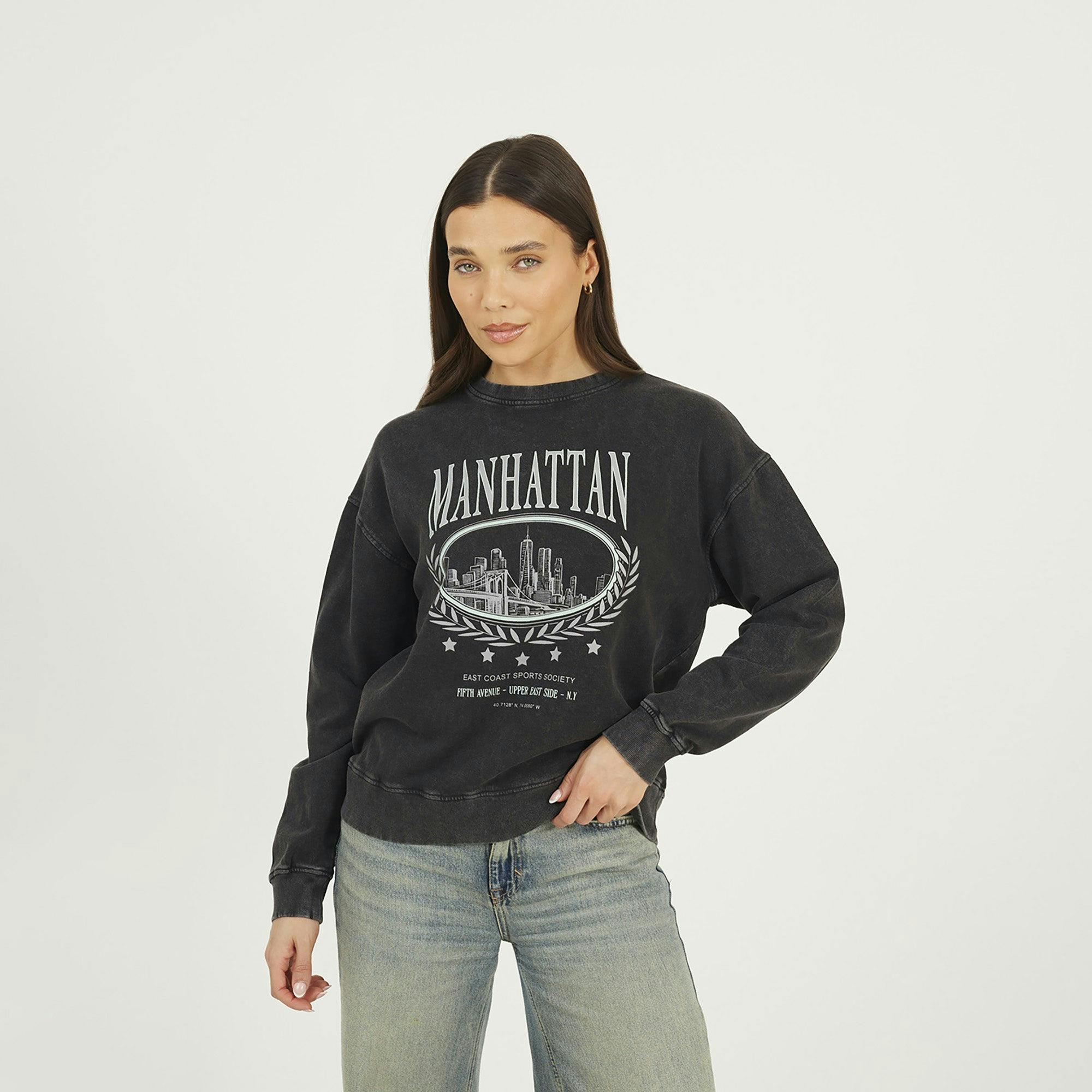Brave Soul Black Acid Wash Embroidered Sweatshirt - S