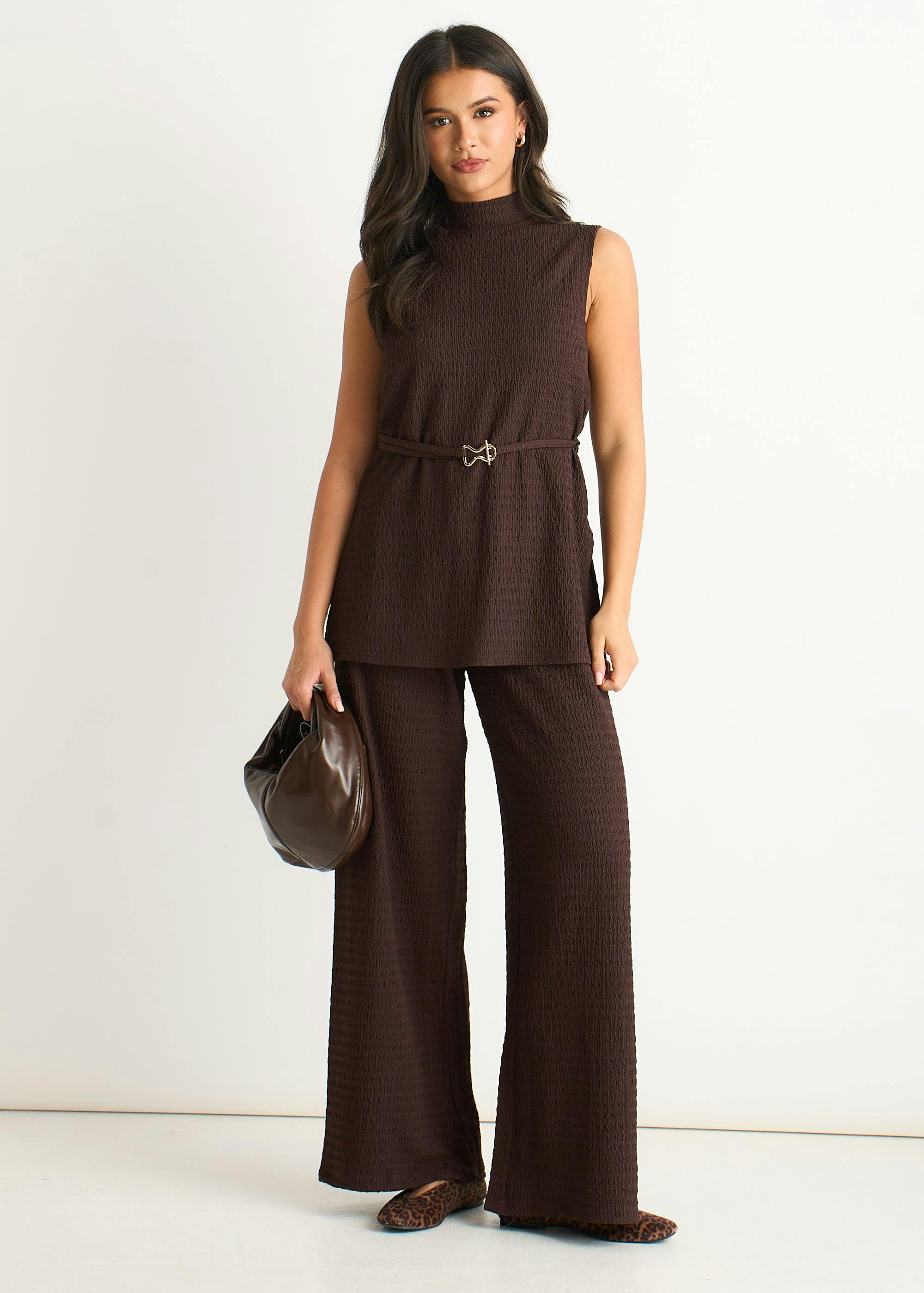 Gini London Chocolate Funnel Neck Textured Jersey Tabard Top - S-M (Uk 8-10/Us 4-6/Eu 36-38)