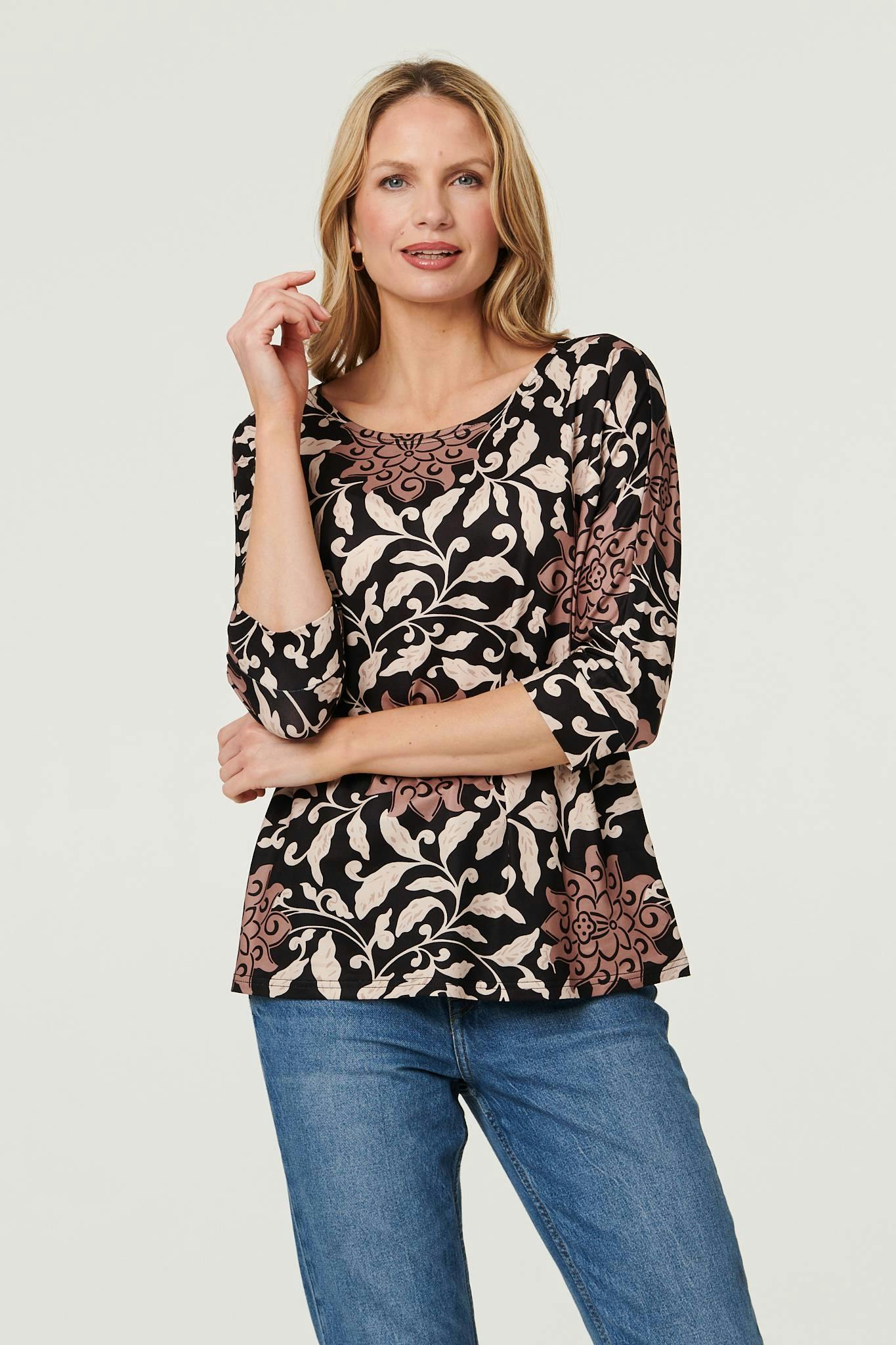 Izabel London Black Floral 3/4 Sleeve Boat Neck Top - 16