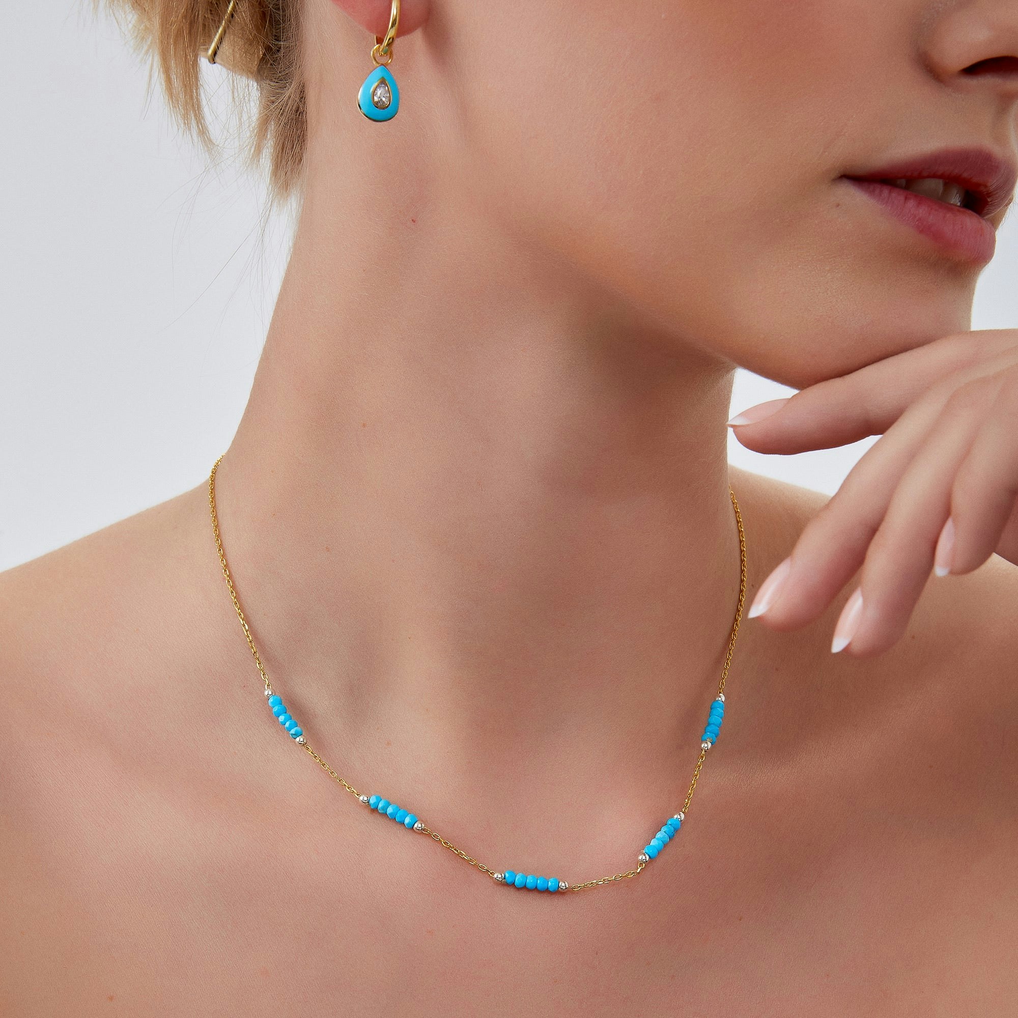 Spero London Turquoise/Silver/Gold Beaded Sterling Chain Necklace In