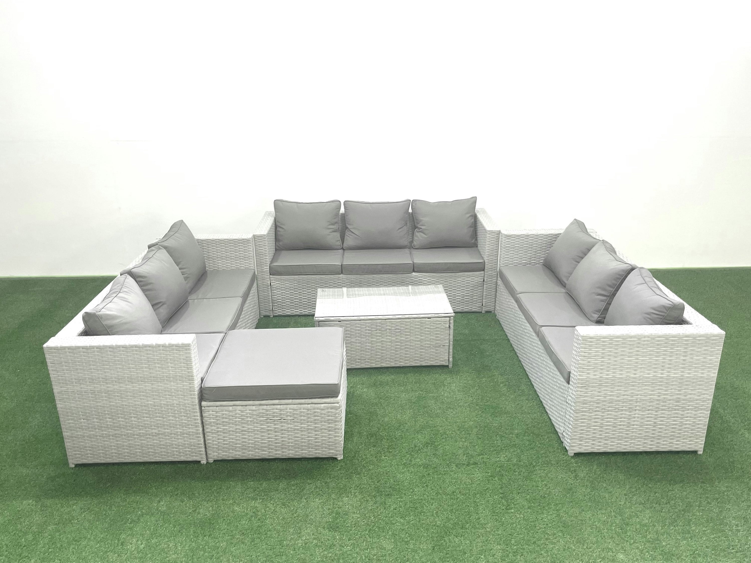 Rackhams Light/Grey Rattan Garden Outdoor Furniture Set 10 Seater Garden Sofa Coffee Table Set With Big Footstool Mixed