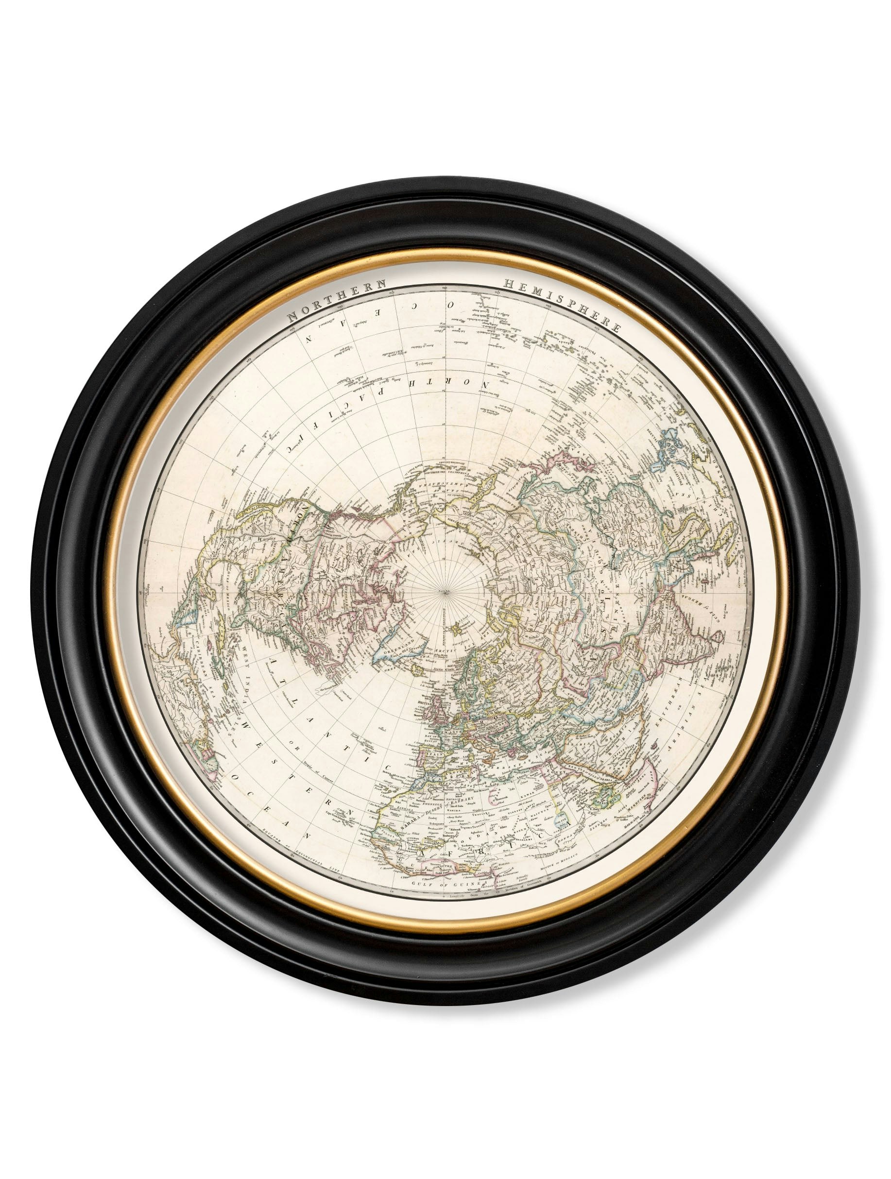 Rackhams Black C.1838 World Map Hemispheres In Round Frames - 120 X 120Cm - Northern Hemisphere