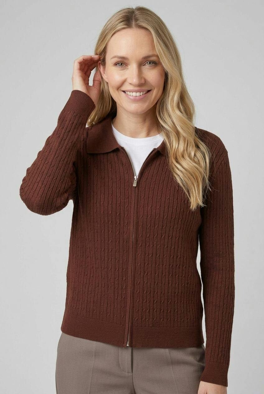 Izabel London Brown Textured Collared Zip-Up Slim Cardigan - M/L