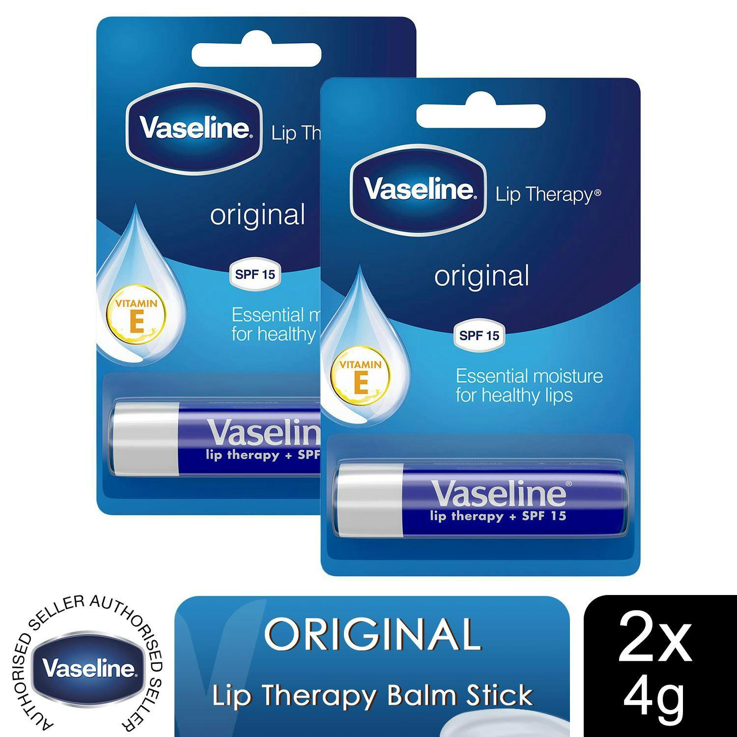 Vaseline Lip Therapy Balm Sticks, Original 4Gm Hydrating Lip Care Balm, 2 Pack