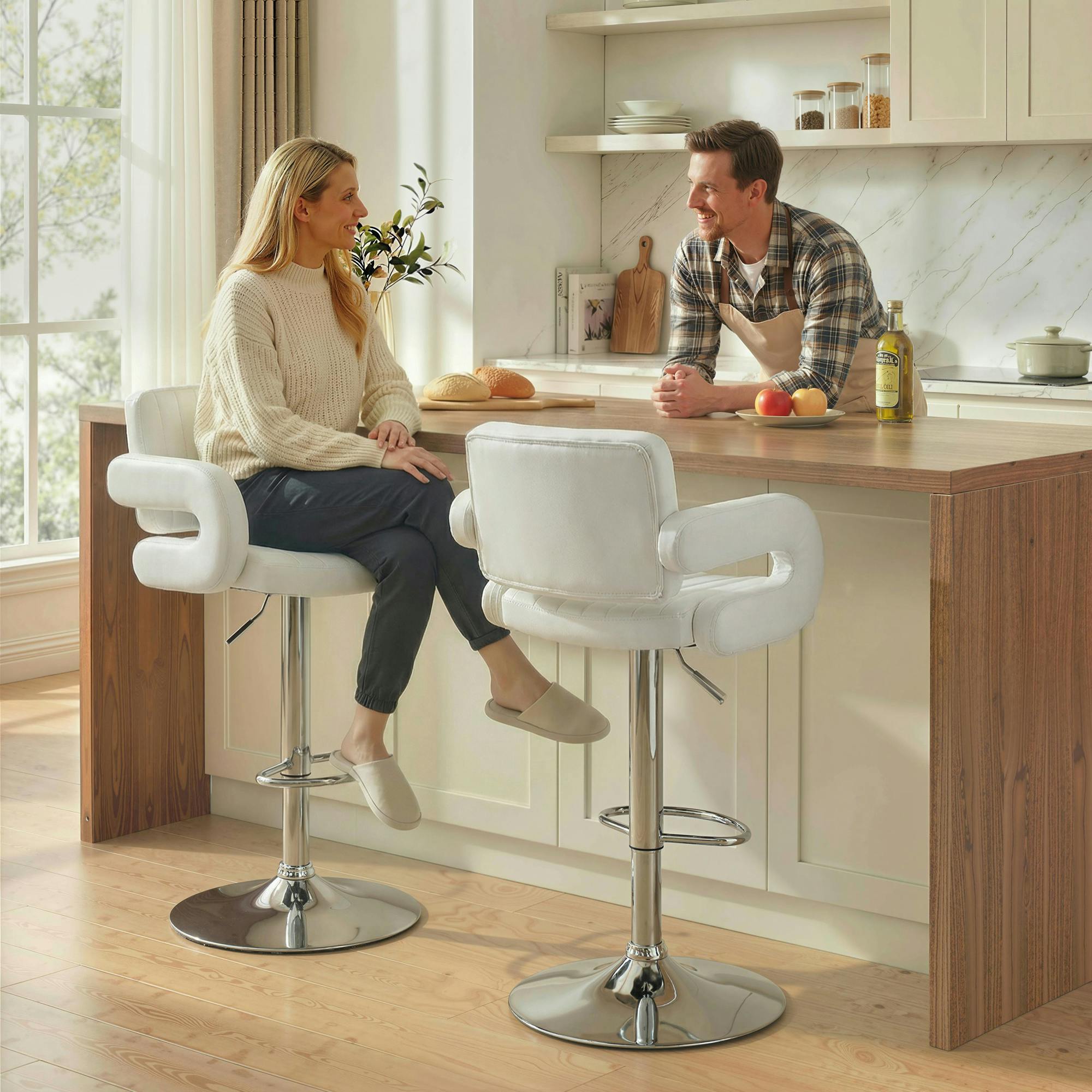 Rackhams White Bar Stools Adjustable Swivel With Armrest Set Of 2