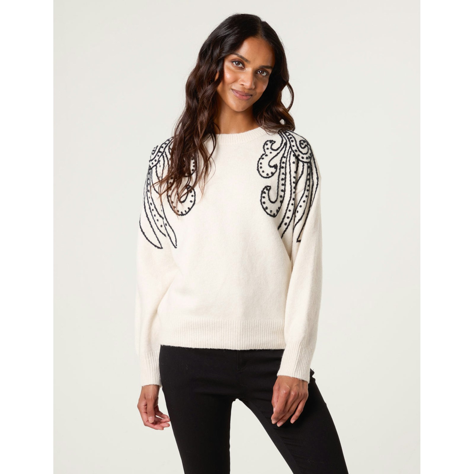 Blue Vanilla Women's Blue/Ivory Vanilla Embroidery Shoulder Detailing Jumper - S-M