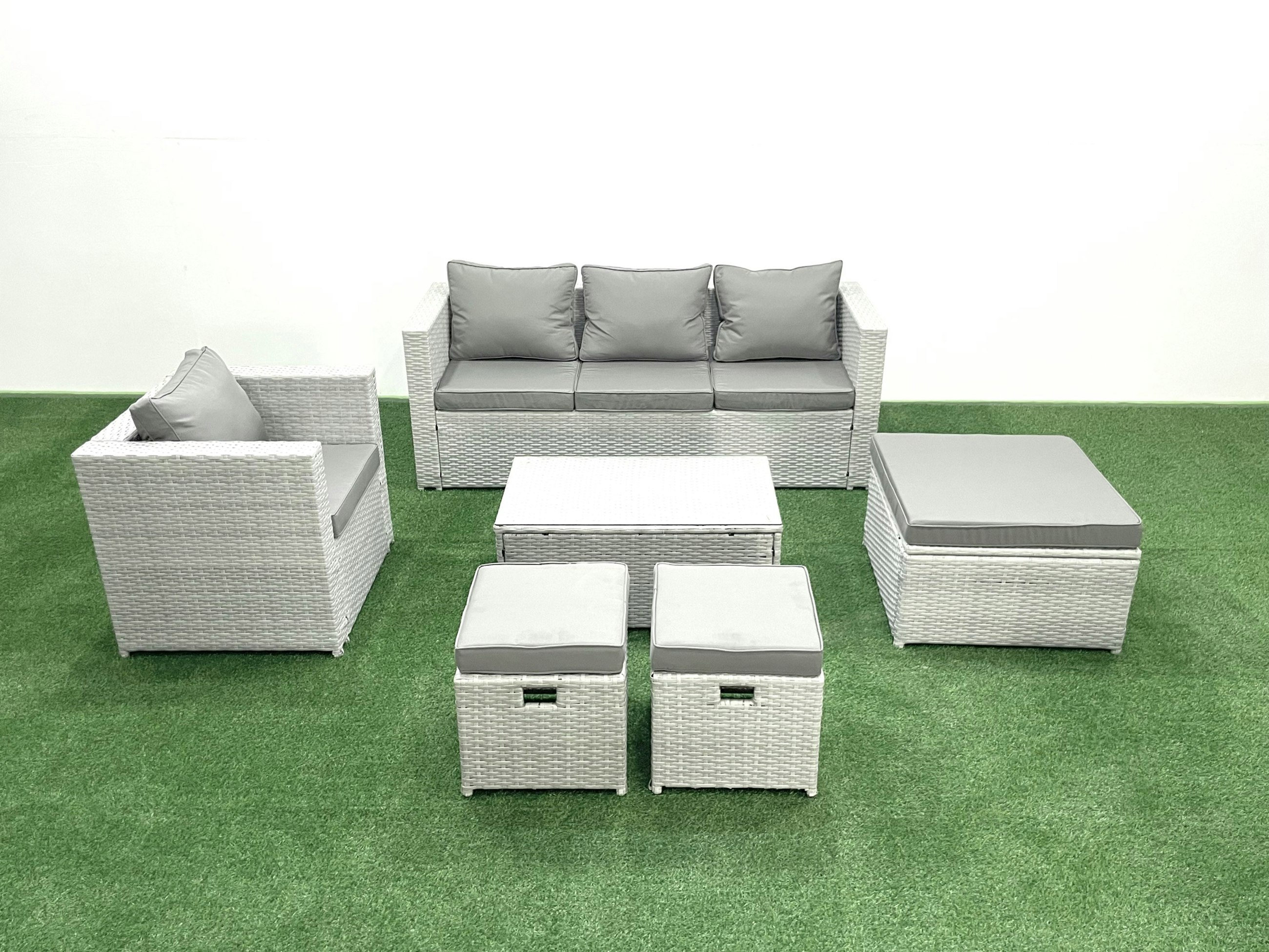 Rackhams Light/Grey Rattan Garden Furniture Set With 3 Seater Sofa Chair Rectangular Coffee Table 3 Footstools Mixed 6 Seater