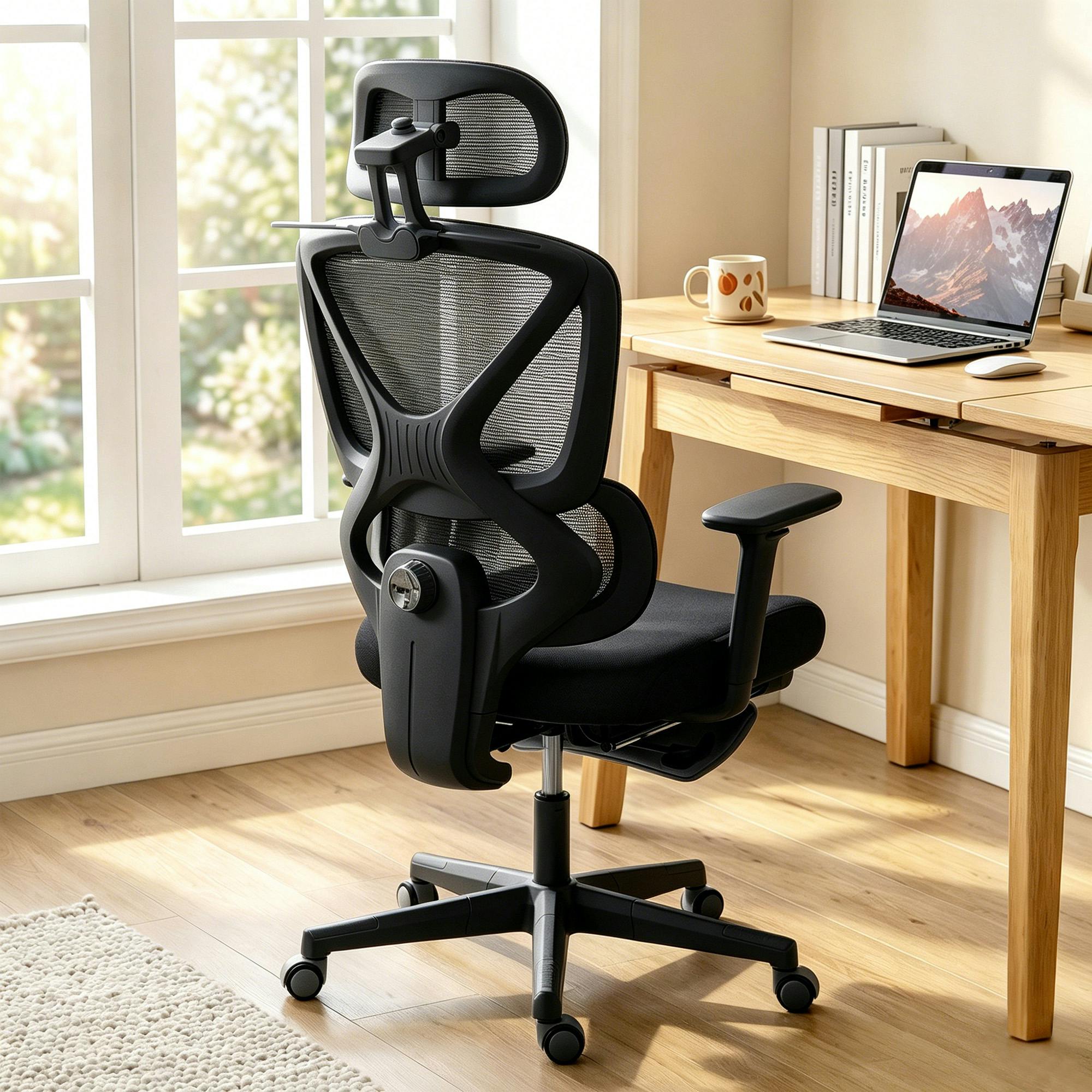 Rackhams Black Executive Mesh Desk Chair With Footrest And 3D Armrests,