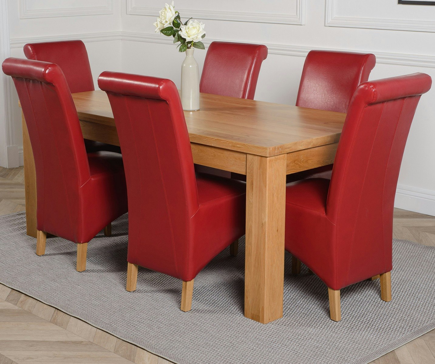 Rackhams Burgundy Dakota Large Oak Dining Table With Montana Leather Chairs - 6 Chairs