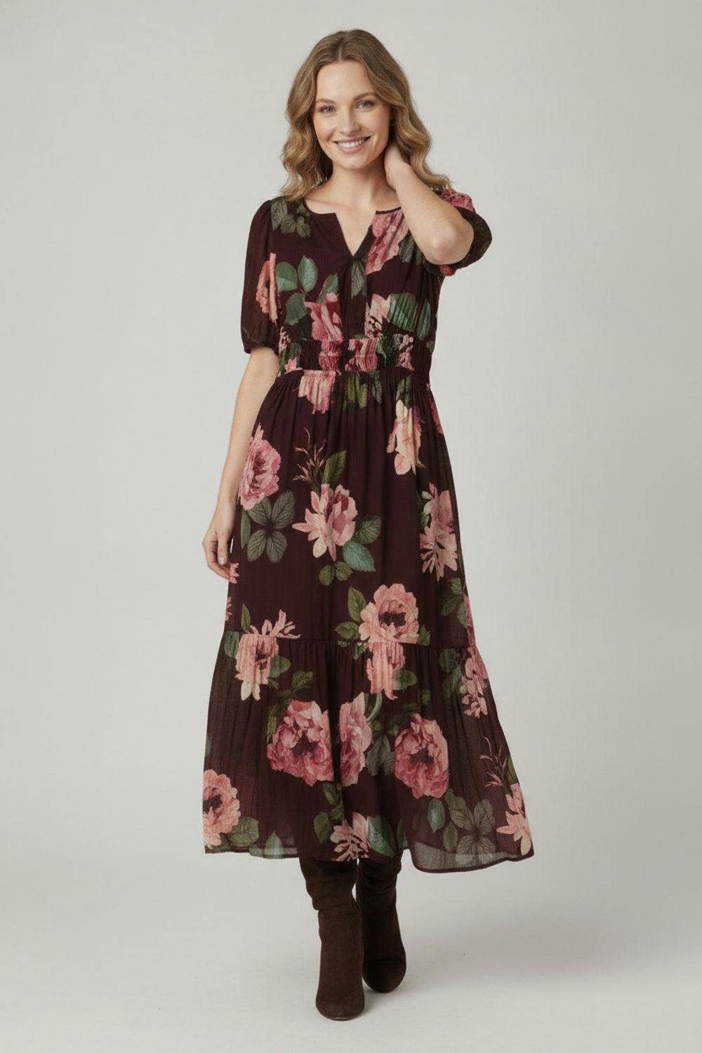 Izabel London Purple Floral Layer 1/2 Puff Sleeve Maxi Dress - 14