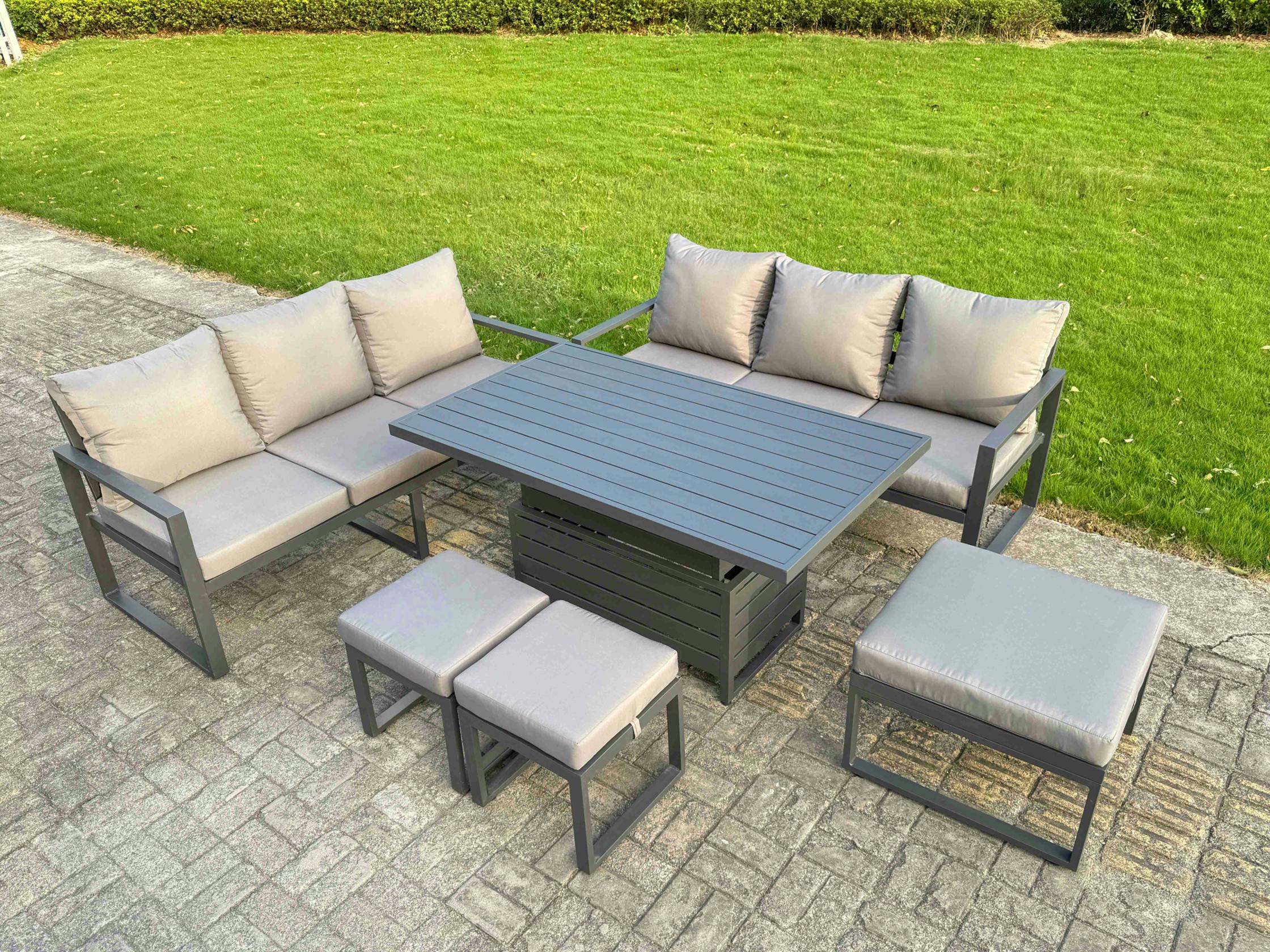 Rackhams Dark/Grey 9 Seater Aluminium Garden Furniture Set With Adjustable Rising Dining Table, 2 Sofas, 3 Footstools