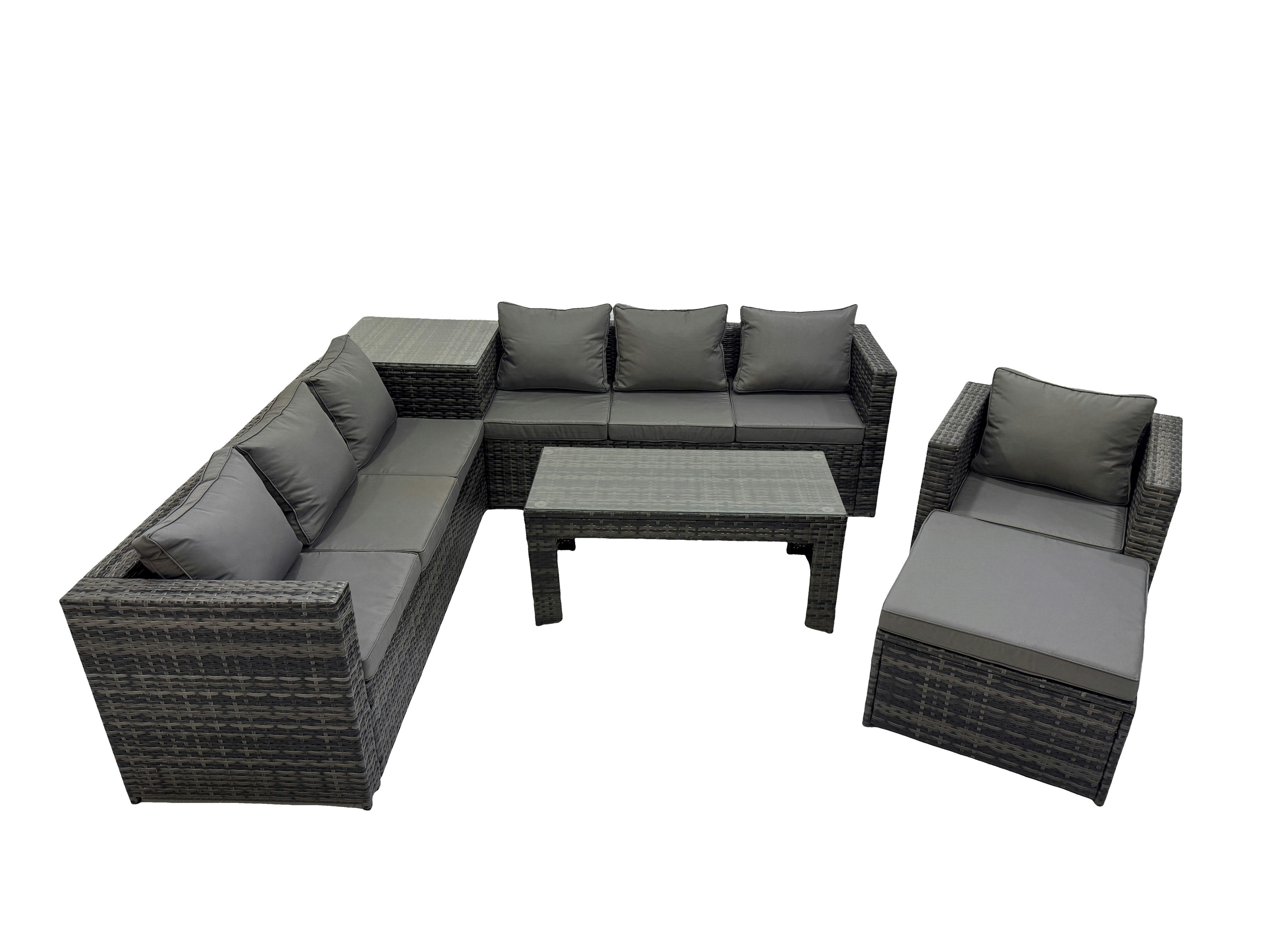 Fimous Dark/Grey Garden Rattan Outdoor Furniture Set 8 Seater Patio Corner Sofa Oblong Coffee Table With Chair Big Stool Side Table