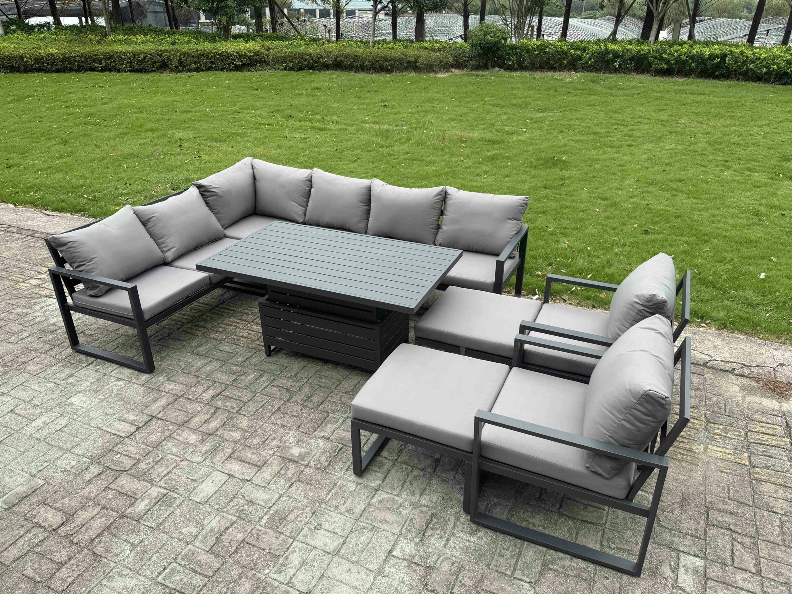 Fimous Dark/Grey 10 Seater Aluminium Garden Furniture Outdoor Conversational Dining Set With Adjustable Rising Lifting Dining Table,2 Big Footstools