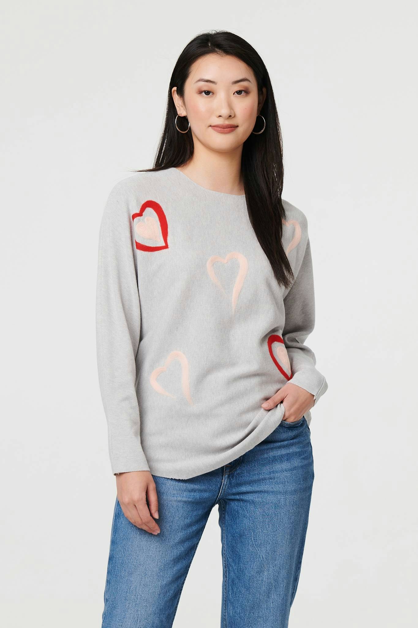 Izabel London Grey Heart Print Batwing Sleeve Jumper - S/M