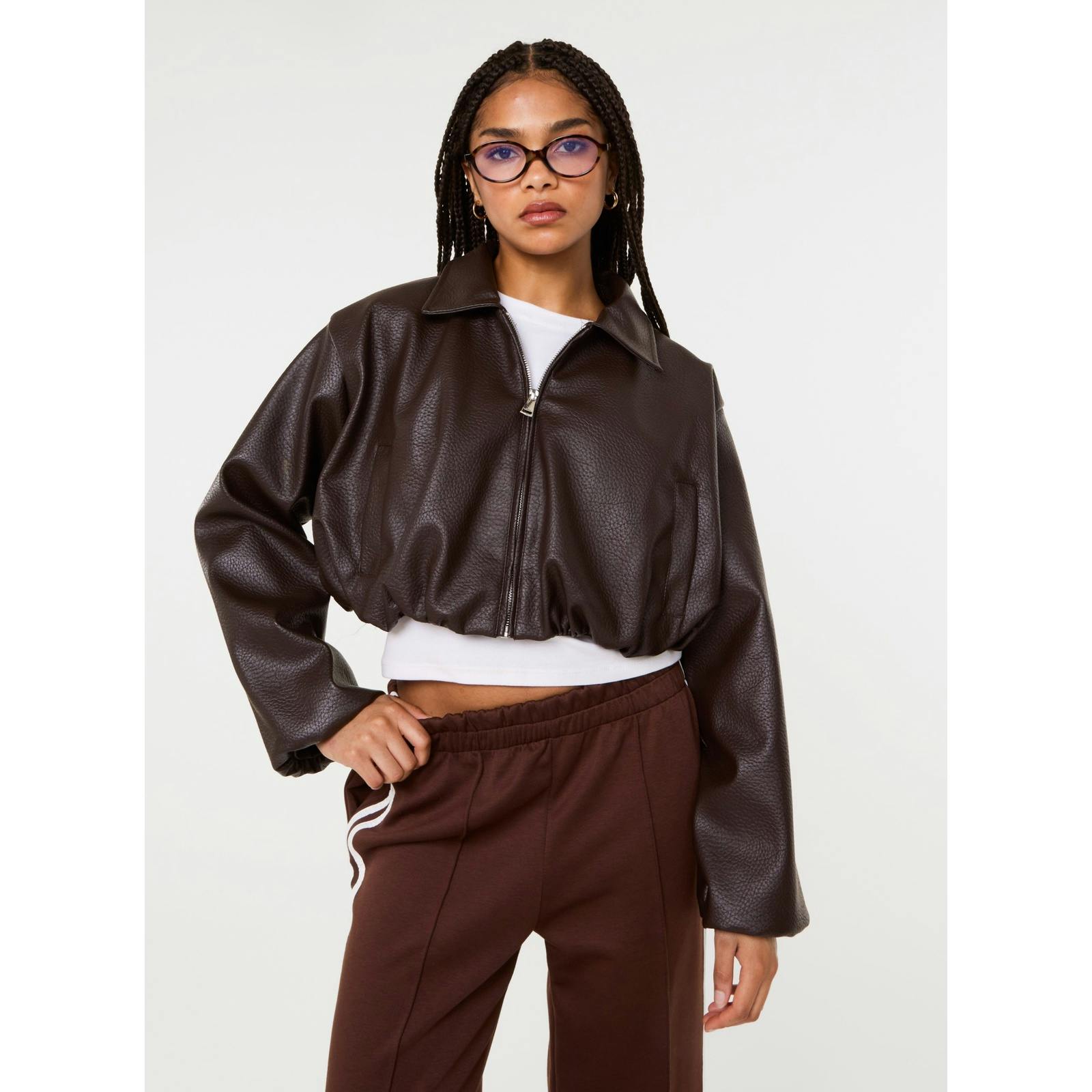 Pink Vanilla Pink/Brown Vanilla Faux Leather Puffball Jacket - S-M