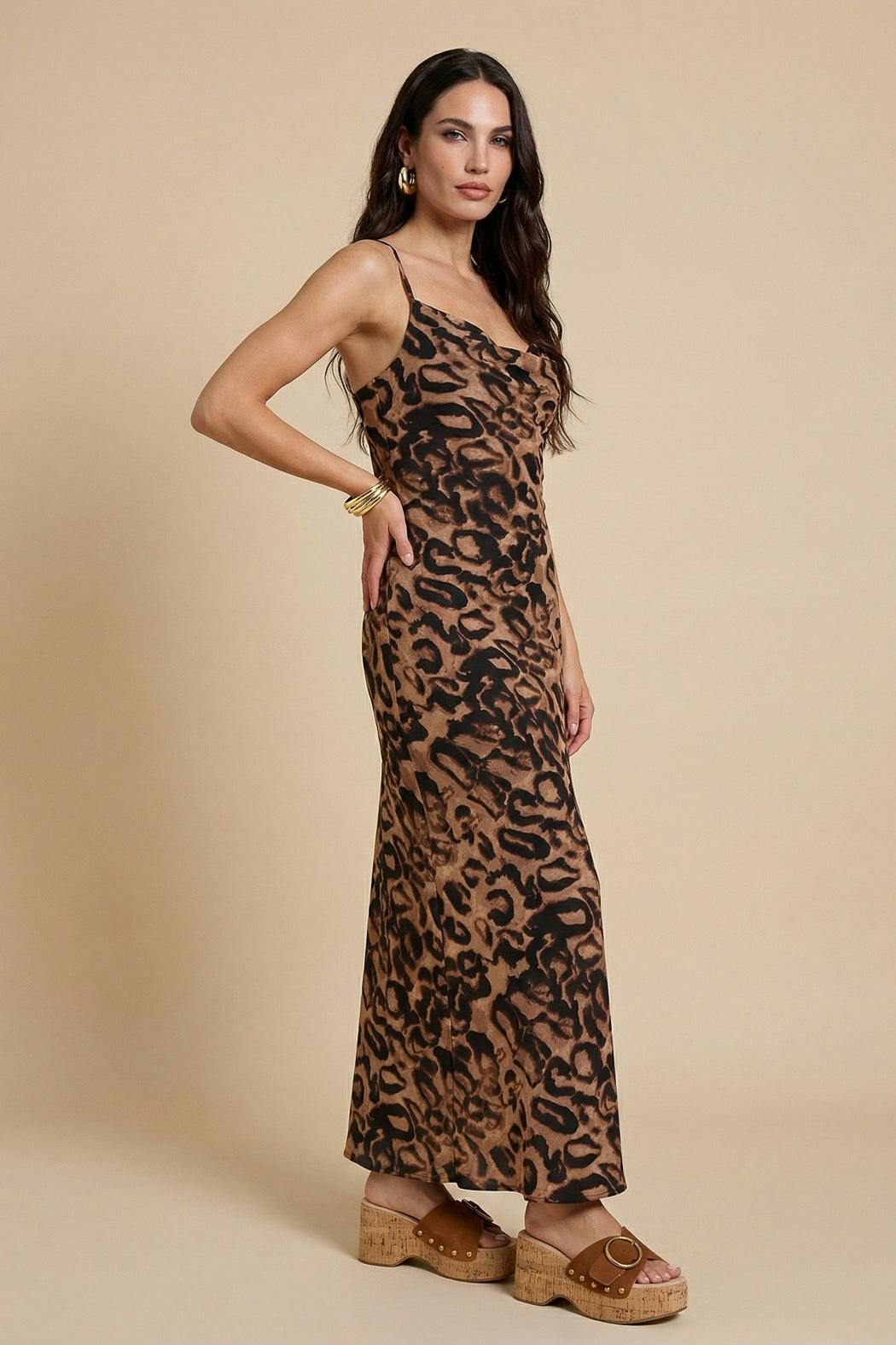 Urban Bliss Leopard Satin Cowl Maxi Dress - 12