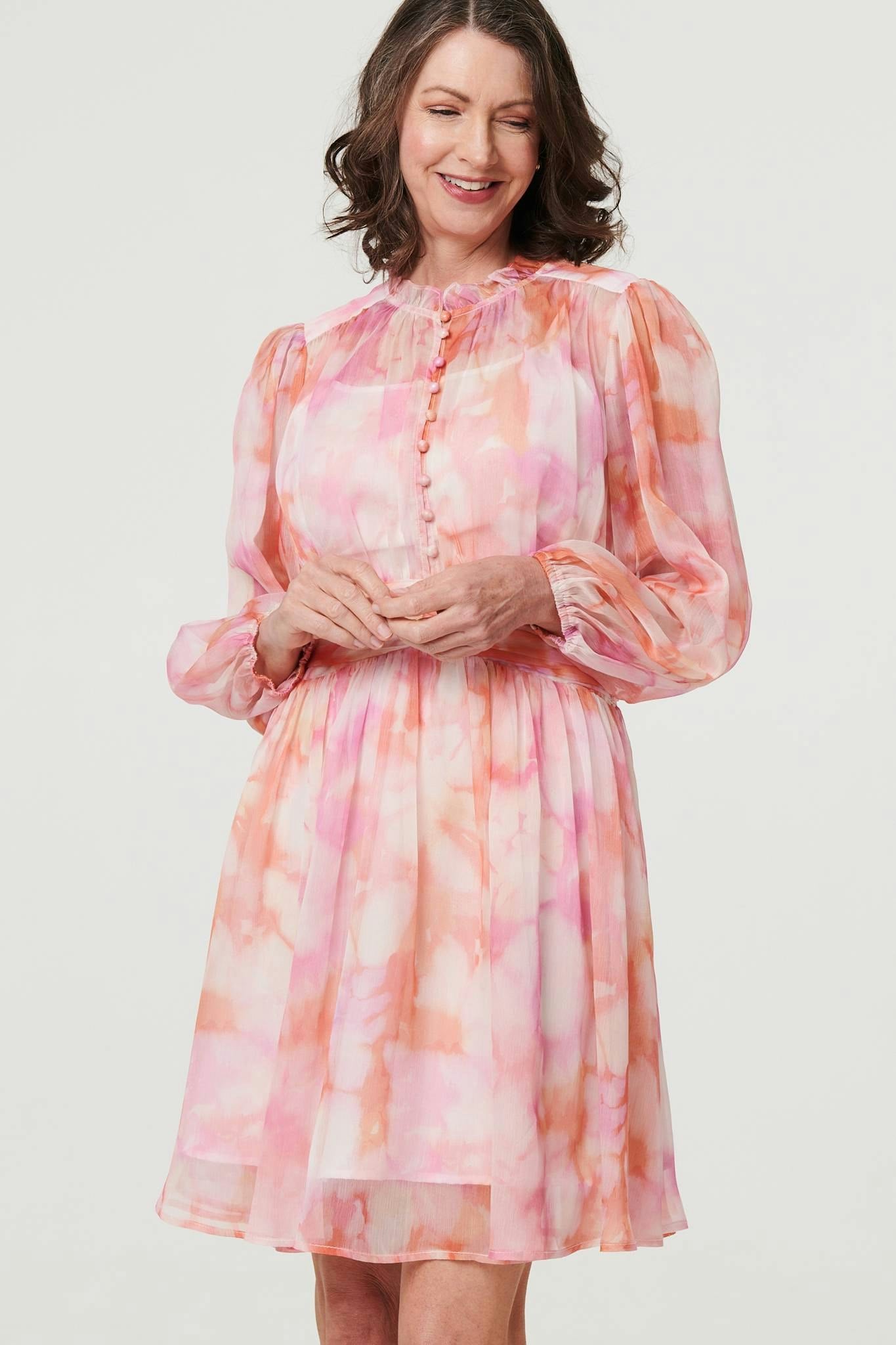 Izabel London Pink High Neck Semi Sheer Short Dress - 12