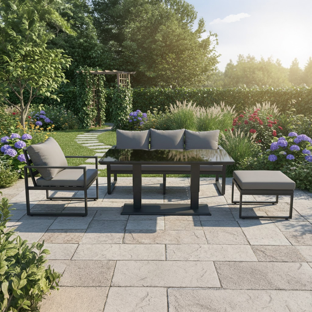 Rackhams Dark/Grey 5 Seater Aluminium Garden Furniture Set With Adjustable Dining Table, 3 Seater Sofa, 1 Chair & Large Footstool
