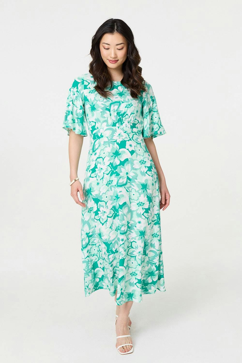 Izabel London Green Floral Flared Sleeve A-Line Midi Dress - 10