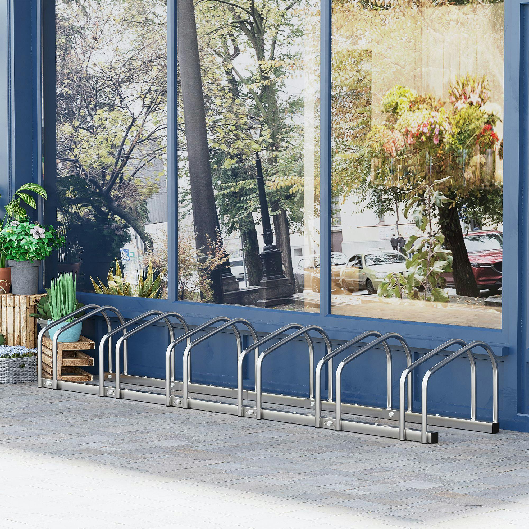 Homcom Silver Bike Parking Rack Bicycle Locking Storage Stand For 4 Cycling - 6 Racks