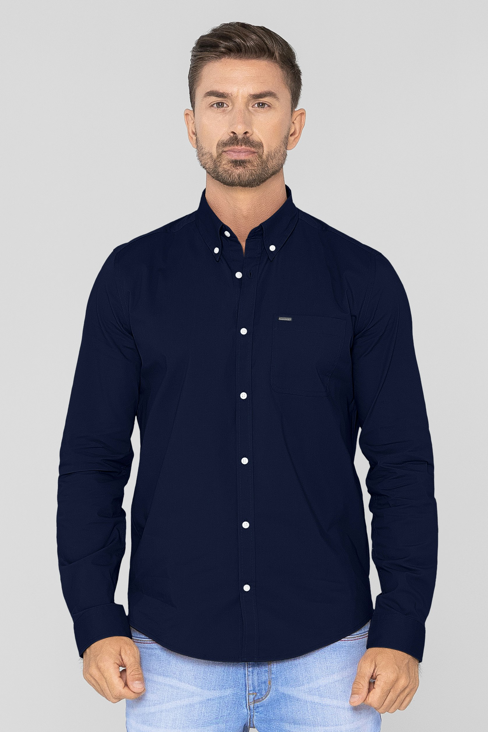 Enorsia Men's Solid Long Sleeve Regular Fit Shirt - S - Navy - 97% Bci Cotton, 3% Spandex