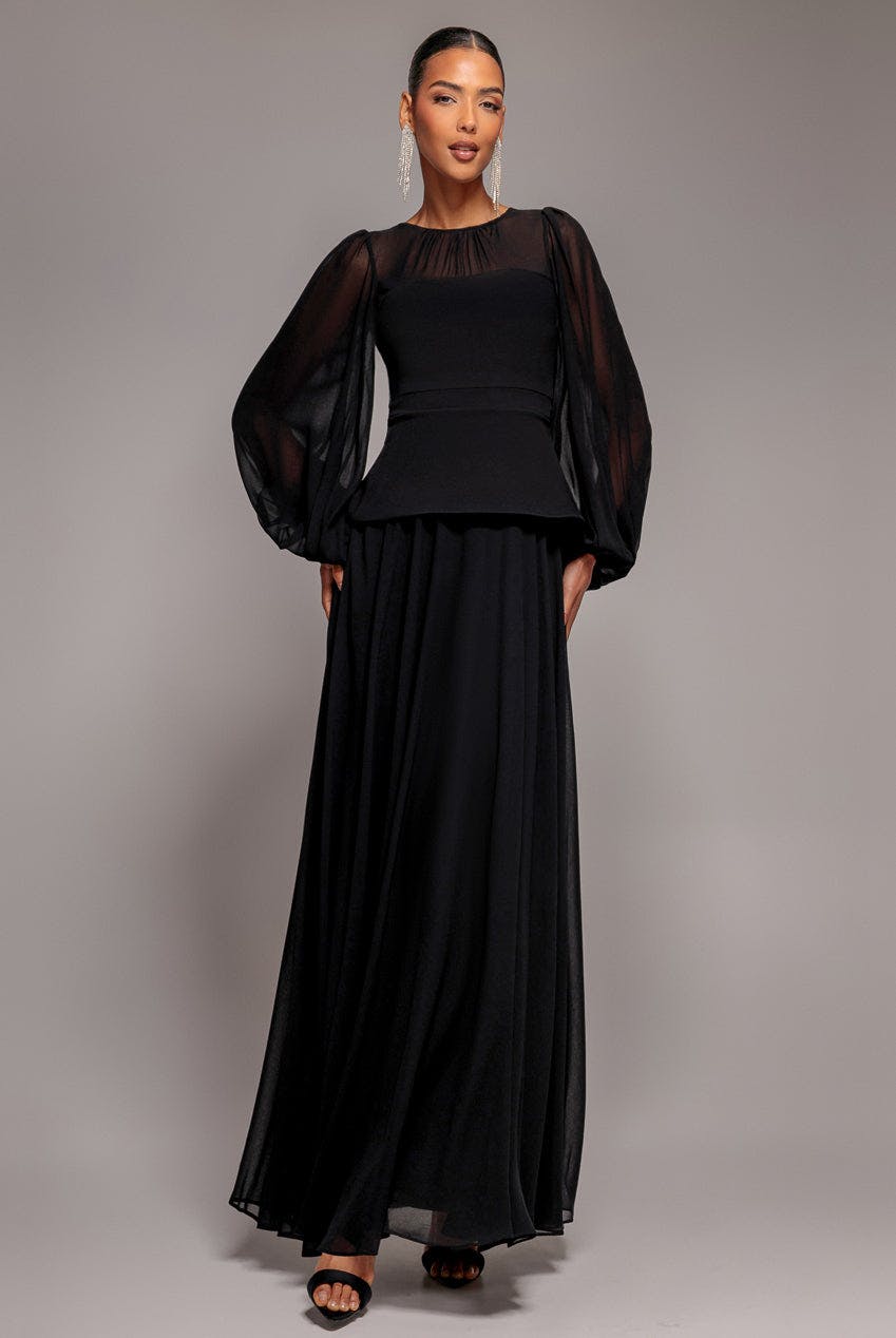 Goddiva Women's Black Bishop Sleeve Peplum Top Scuba Crepe And Chiffon Maxi Dress - By - 10
