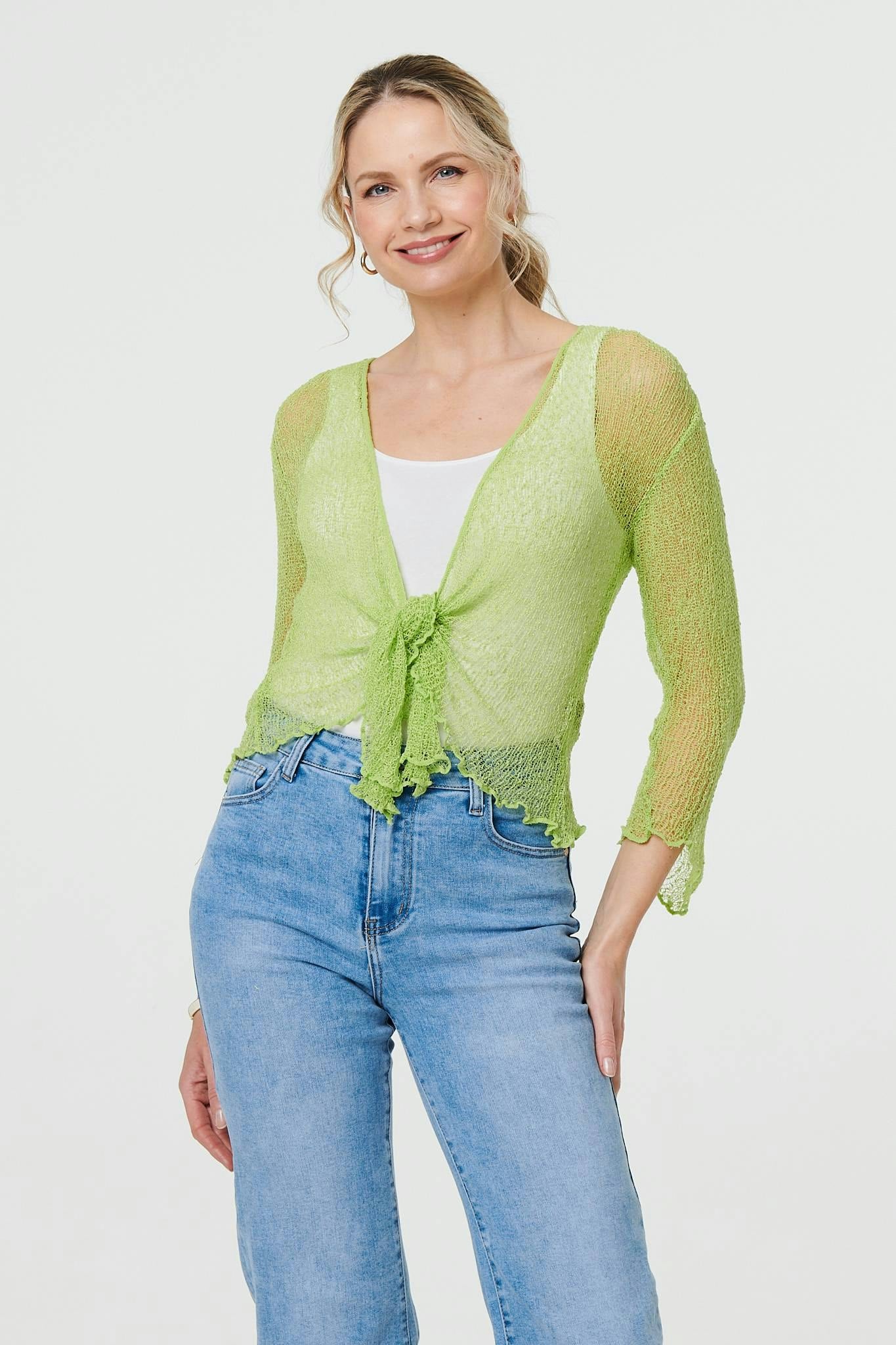 Izabel London Light/Green Sheer 3/4 Sleeve Open Front Cardigan - One