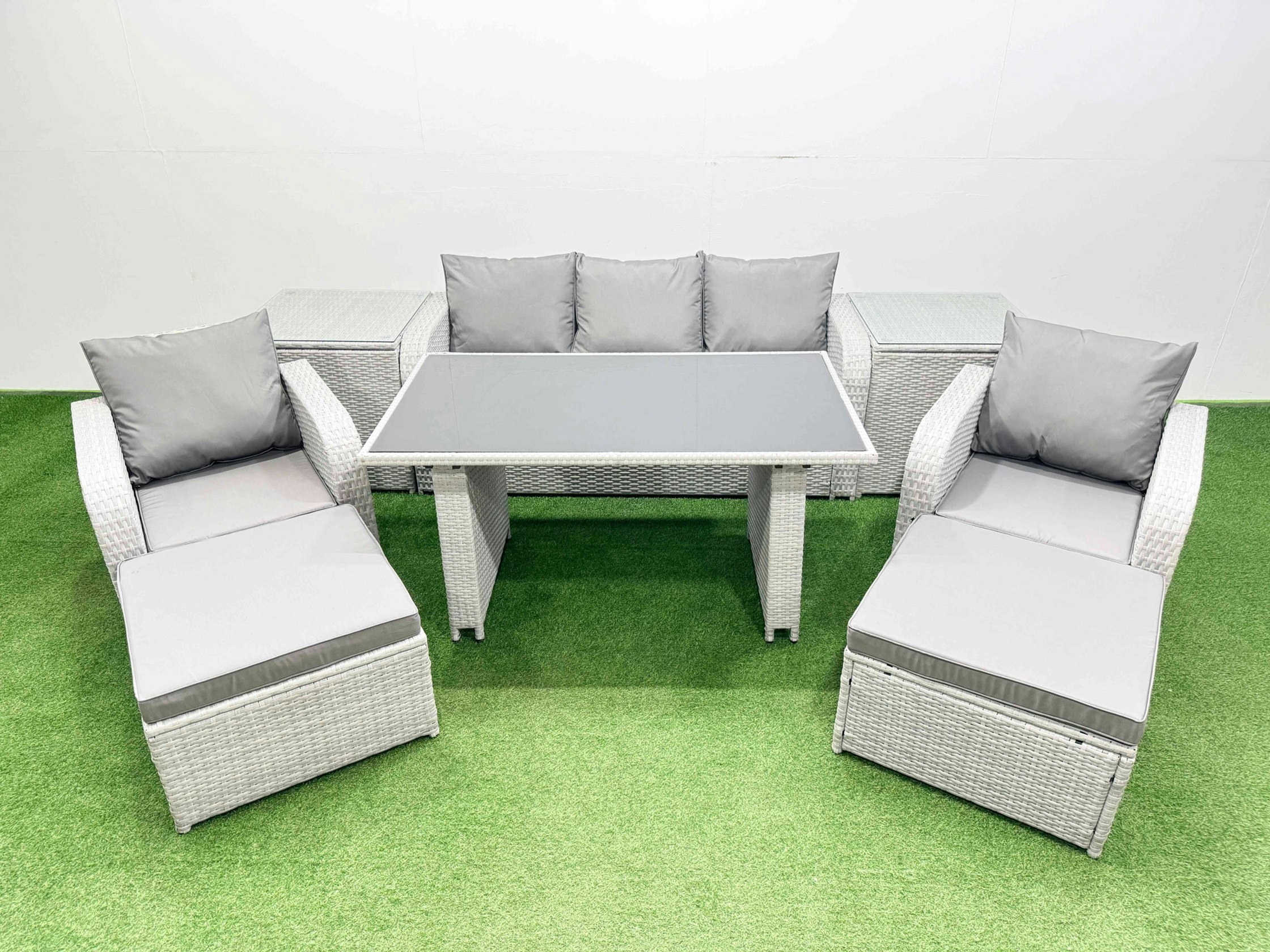 Rackhams Outdoor Rattan Garden Furniture Dining Set 7 Seater Patio Rectangular Table 3 Seater Sofa Reclining Chair Set With 2 Side Tables 2 Big Stools