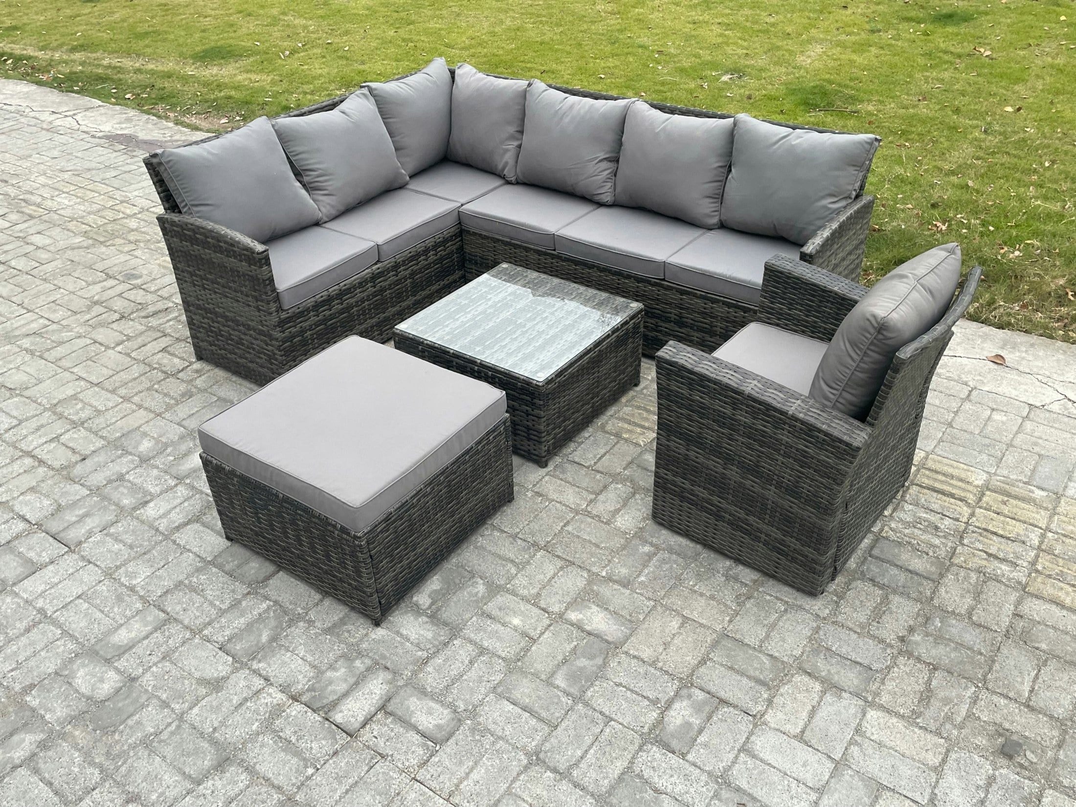 Rackhams Dark/Grey 8 Seater Outdoor Garden Furniture Set Wicker Pe Rattan Corner Sofa Set With Square Coffee Table Big Footstool Armchair Mixed