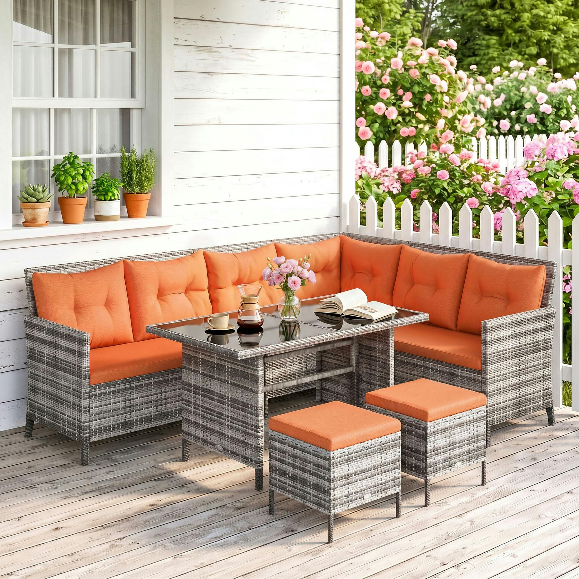 Outsunny Cream 6 Pcs Patio Wicker Sofa Set Rattan Chair Furniture