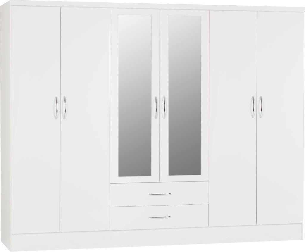 Seconique White Nevada 6 Door 2 Drawer Mirrored Wardrobe - Gloss