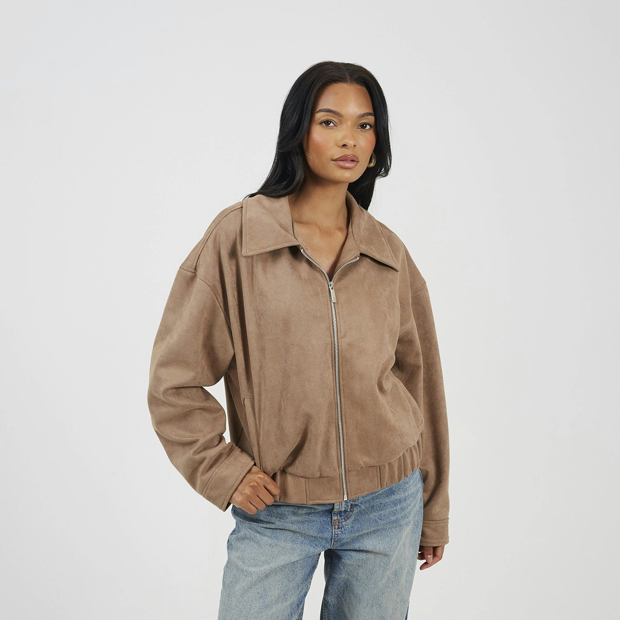 Brave Soul Faux Suede Bomber Jacket - Taupe - Taupe - 14