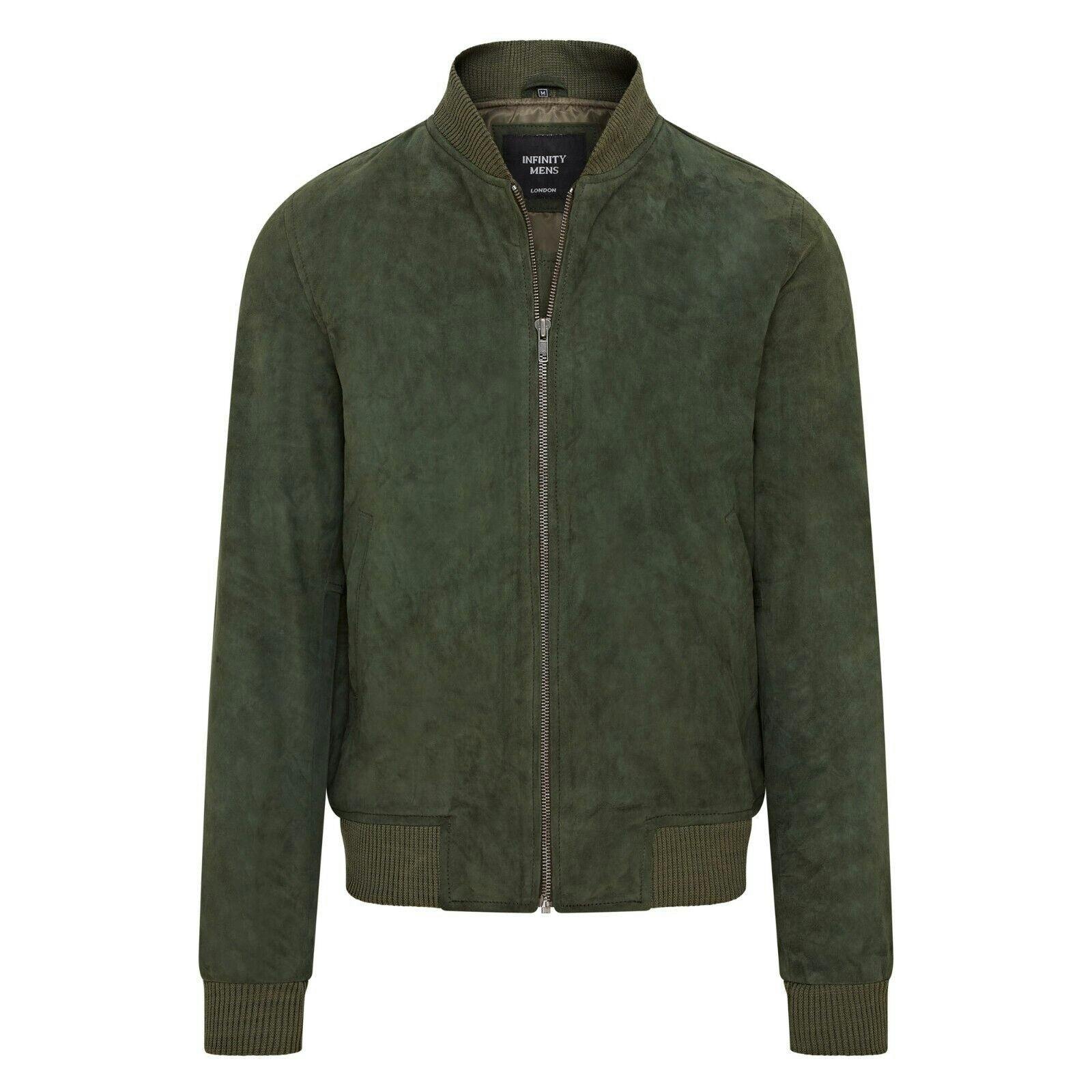 Infinity Leather Men's Green Soft Goat Suede Ma-1 Varsity Bomber Jacket - Dalian - Uk 4XL | Eu 58 | Us 48