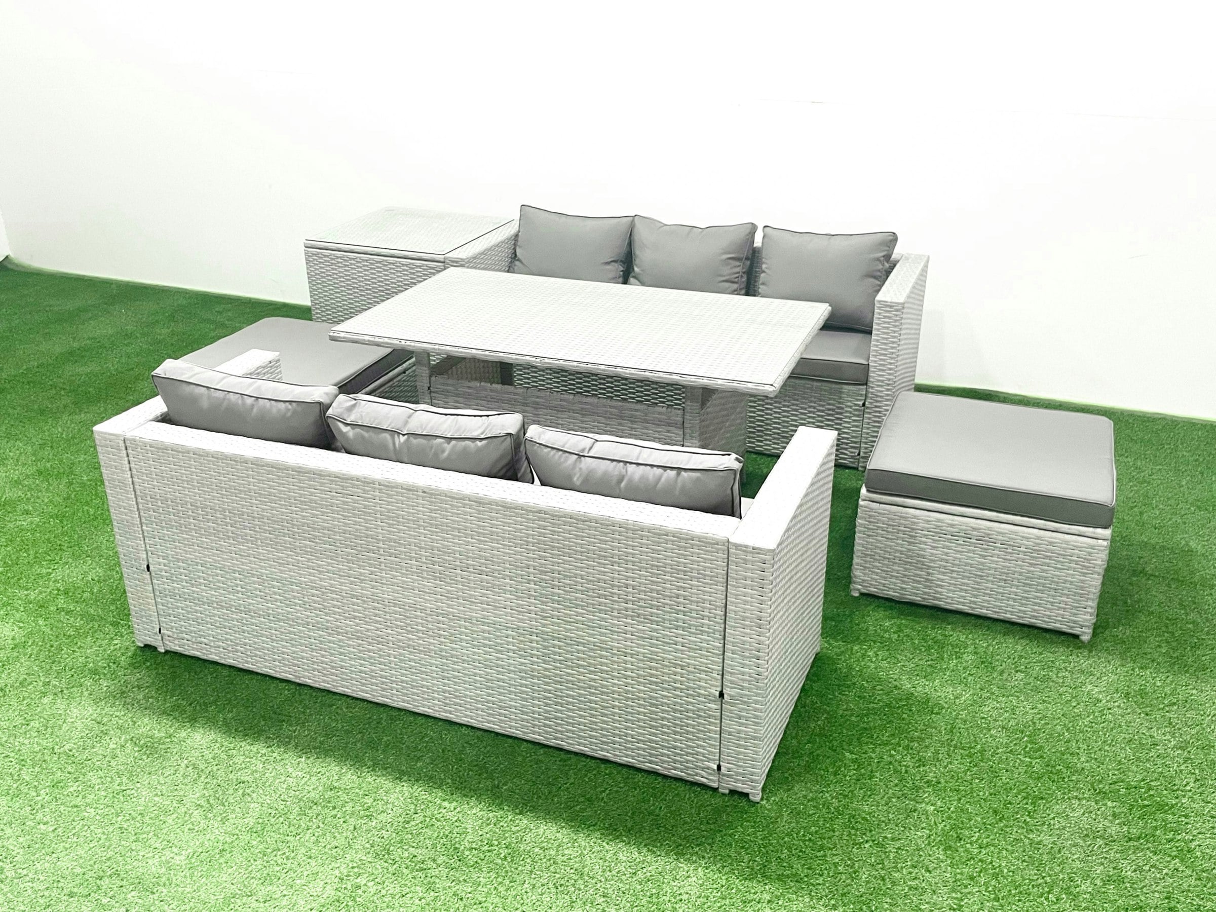 Rackhams Light/Grey Rattan Garden Furniture Set 8 Seater Outdoor Sofa Set With Dining Table Side Table 2 Big Footstools Mixed