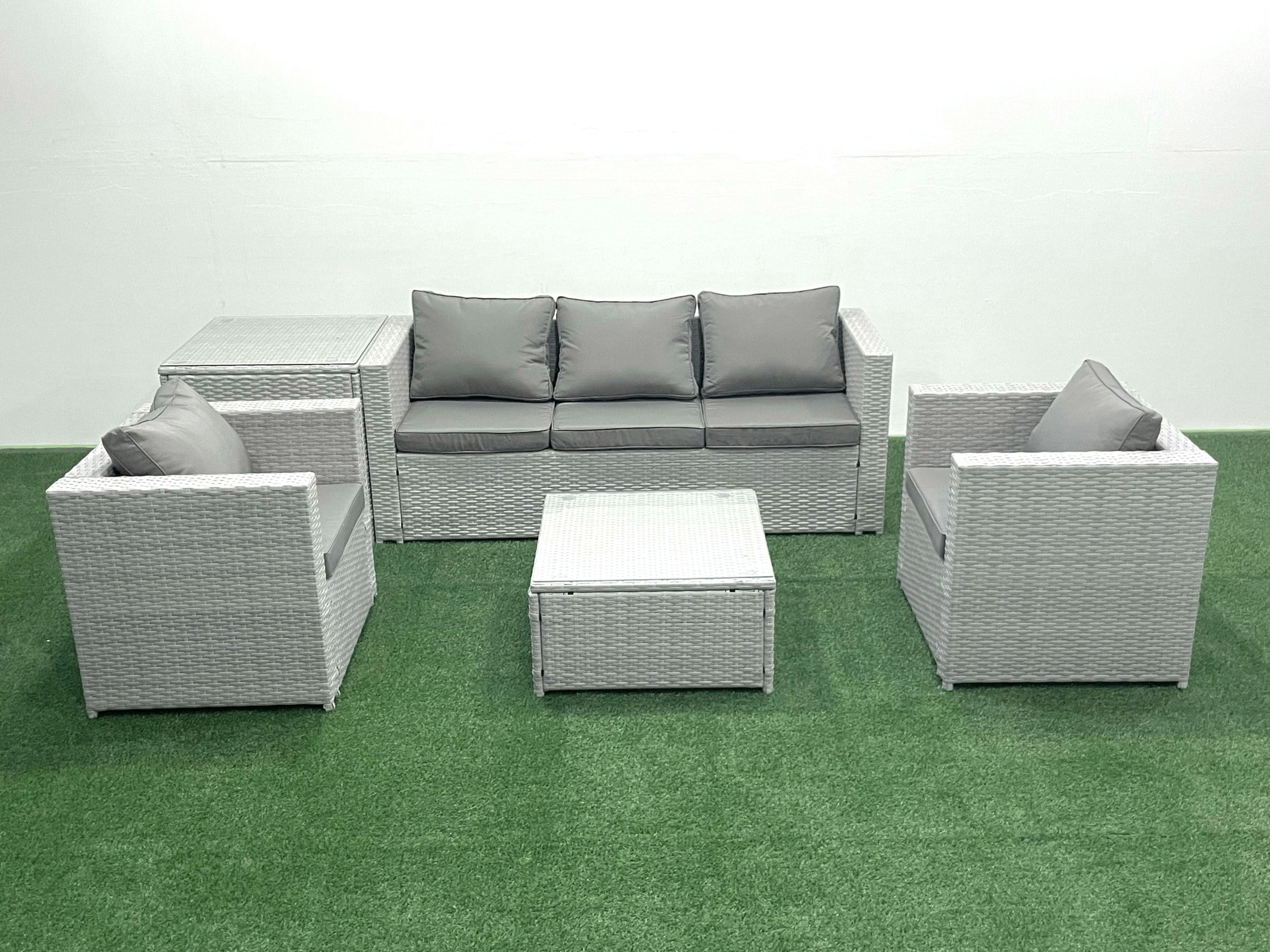 Rackhams Light/Grey 5 Seater Rattan Garden Furniture Set With 3 Seater Sofa 2 Chair Square Coffee Table Side Table Mixed