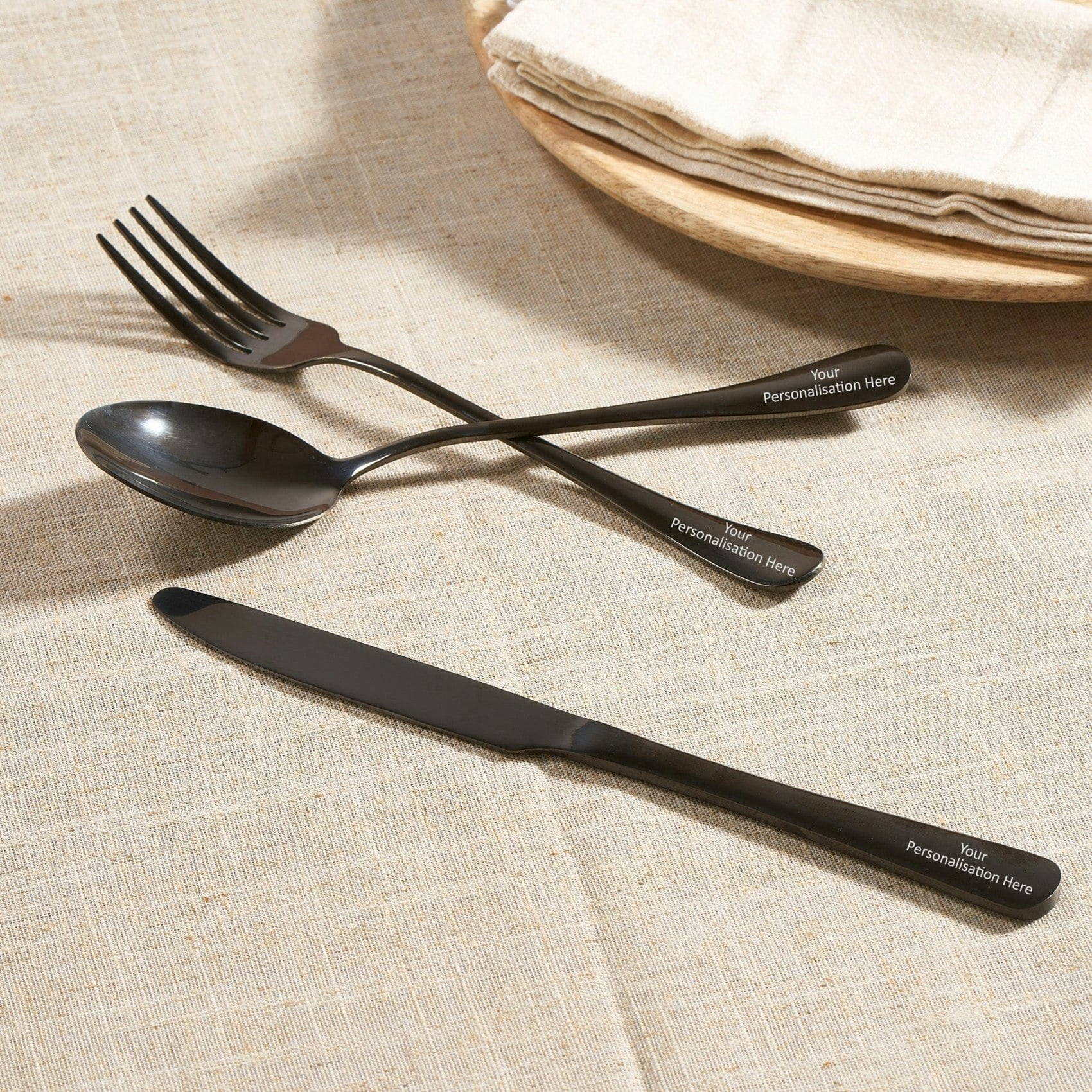 Mylee London Black Personalised Stainless Steel 3 Piece Cutlery Set - No