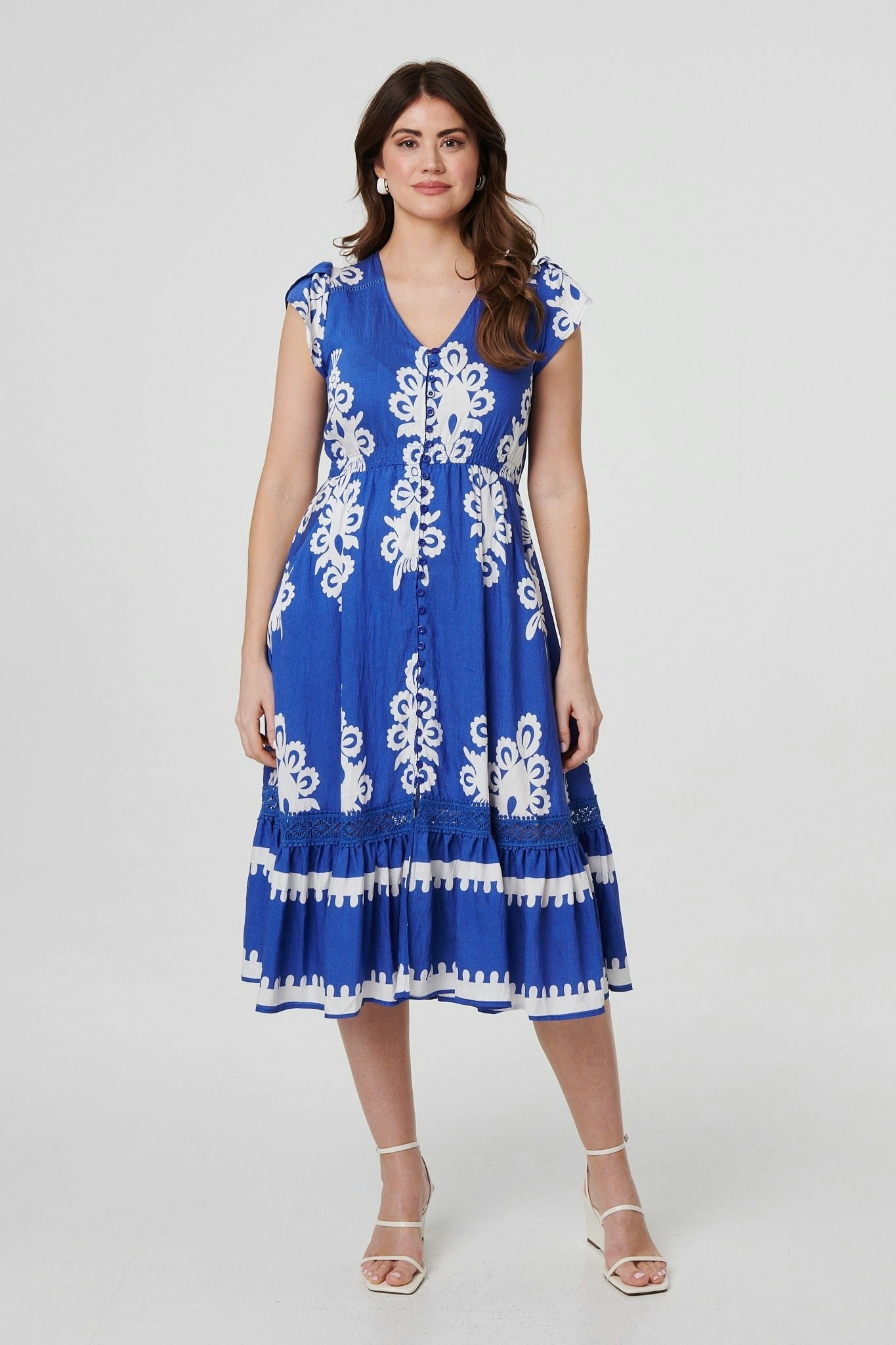 Izabel London Blue Ikat Print Cap Sleeve Lace Midi Dress - 8