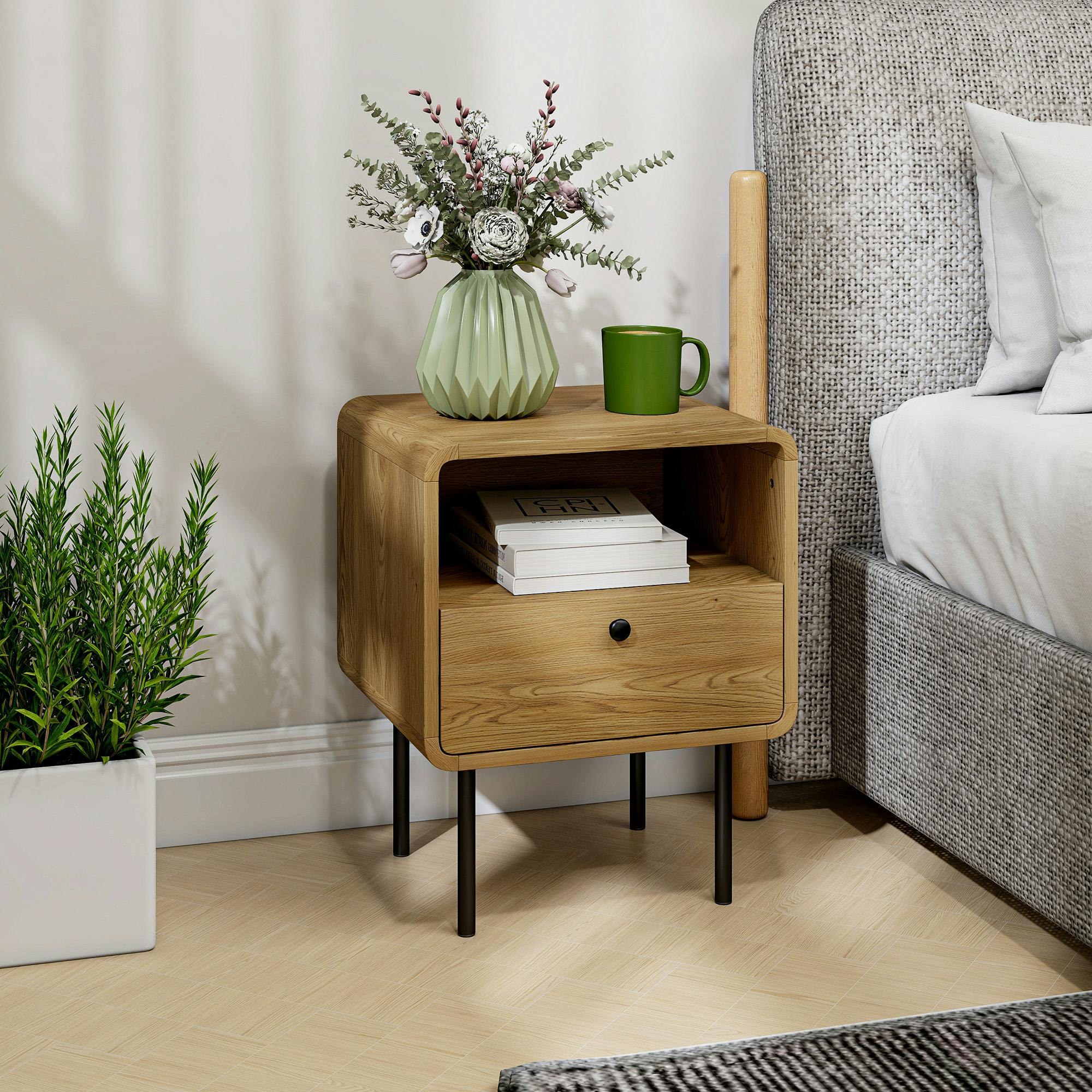 Rackhams Bedside Table, Modern Nightstand With 2 Drawers Rounded Edges, Oak - Oak - 1