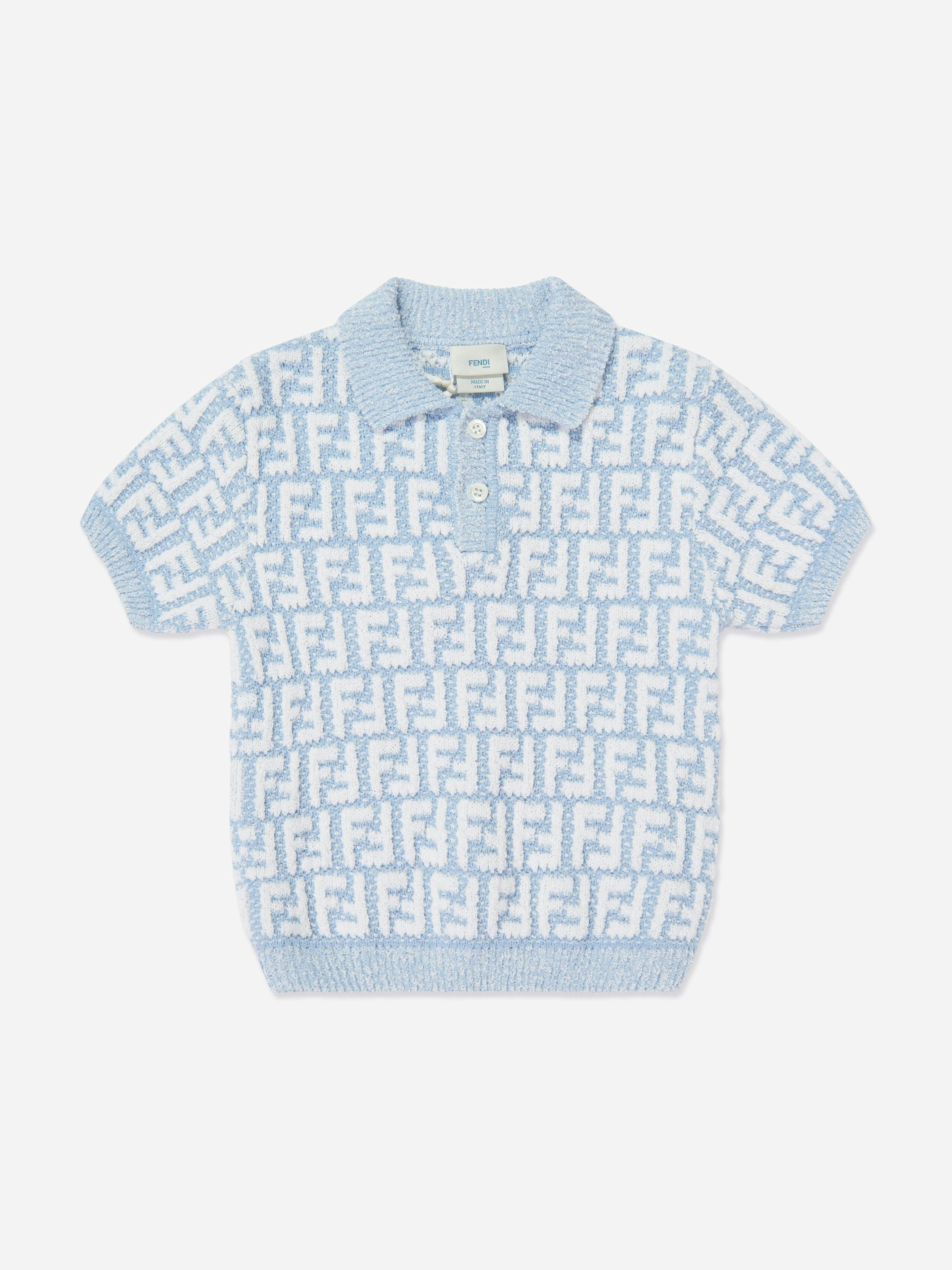 Fendi Kids Boys Blue Fendi Ff Logo Knit Polo Shirt In - 24 Months