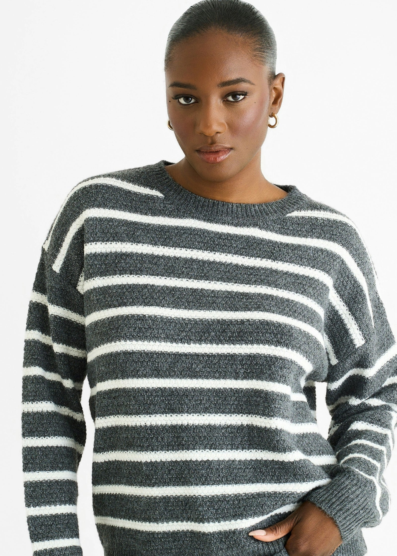 Gini London Grey Stripe Chunky Knit Oversized Jumper - S-M (Uk 8-10/Us 4-6/Eu 36-38)