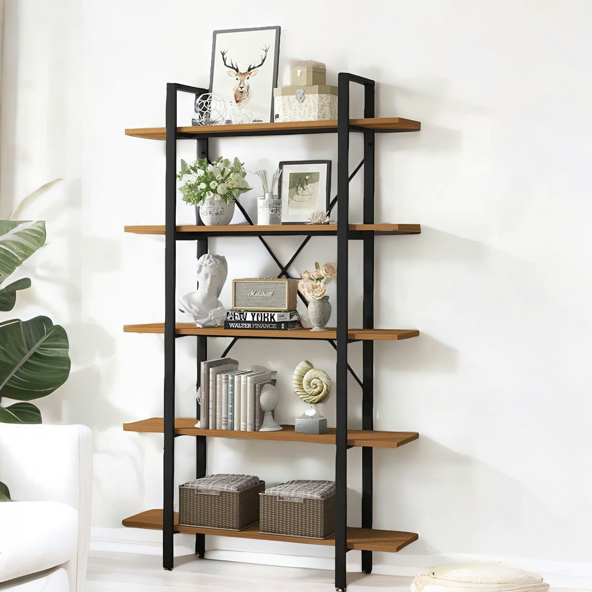 Rafaelo Mobilia Brown Industrial 5 Tier Rustic Bookcase