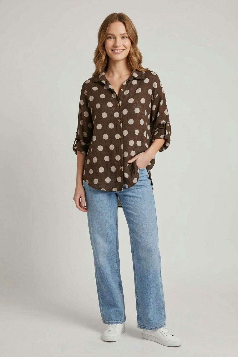 Izabel London Brown Polka Dot Print 3/4 Sleeve Relaxed Shirt - 10