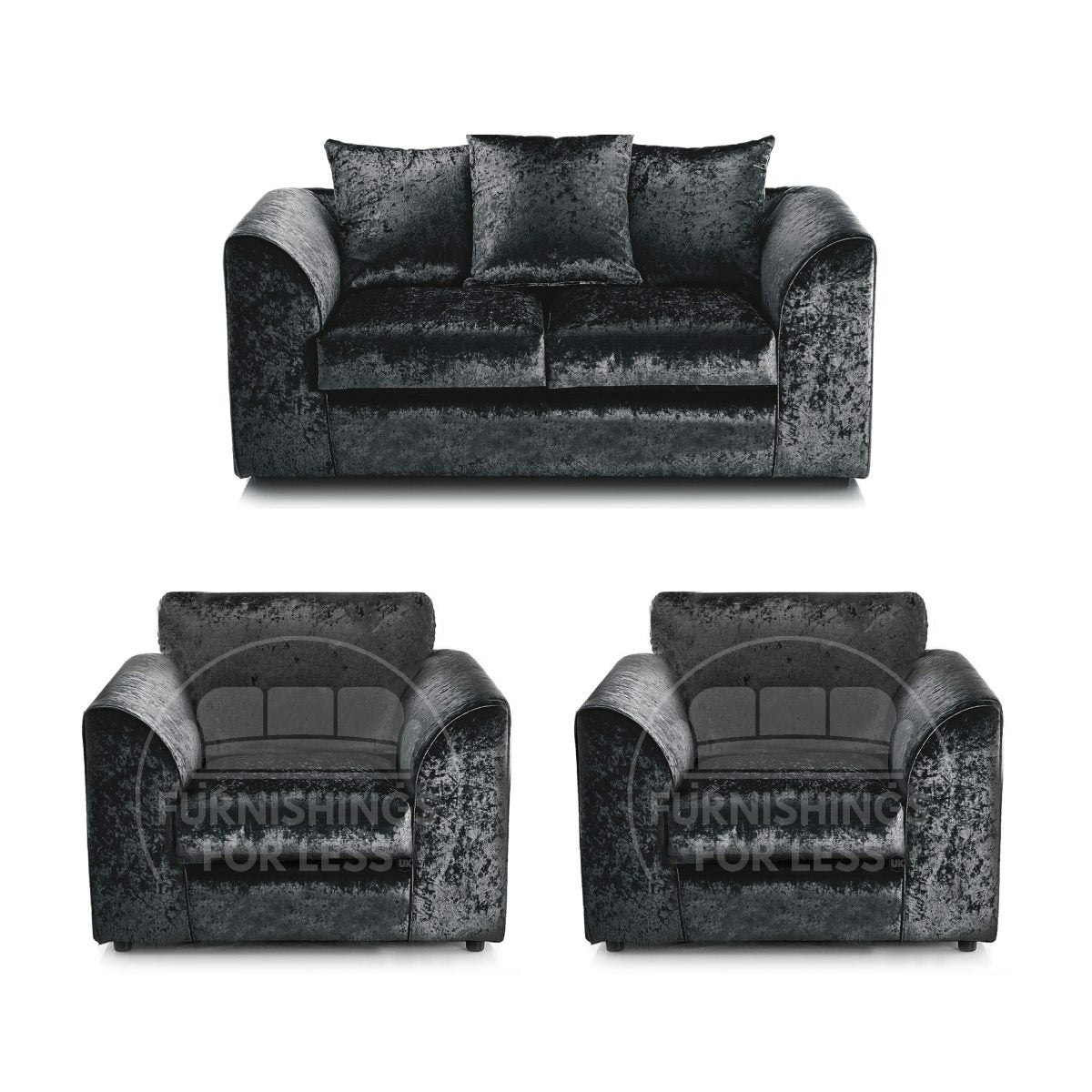 Furnishings For Less Black Crystal Crushed Velvet 2 Seater And 2 Armchairs Scatter Back