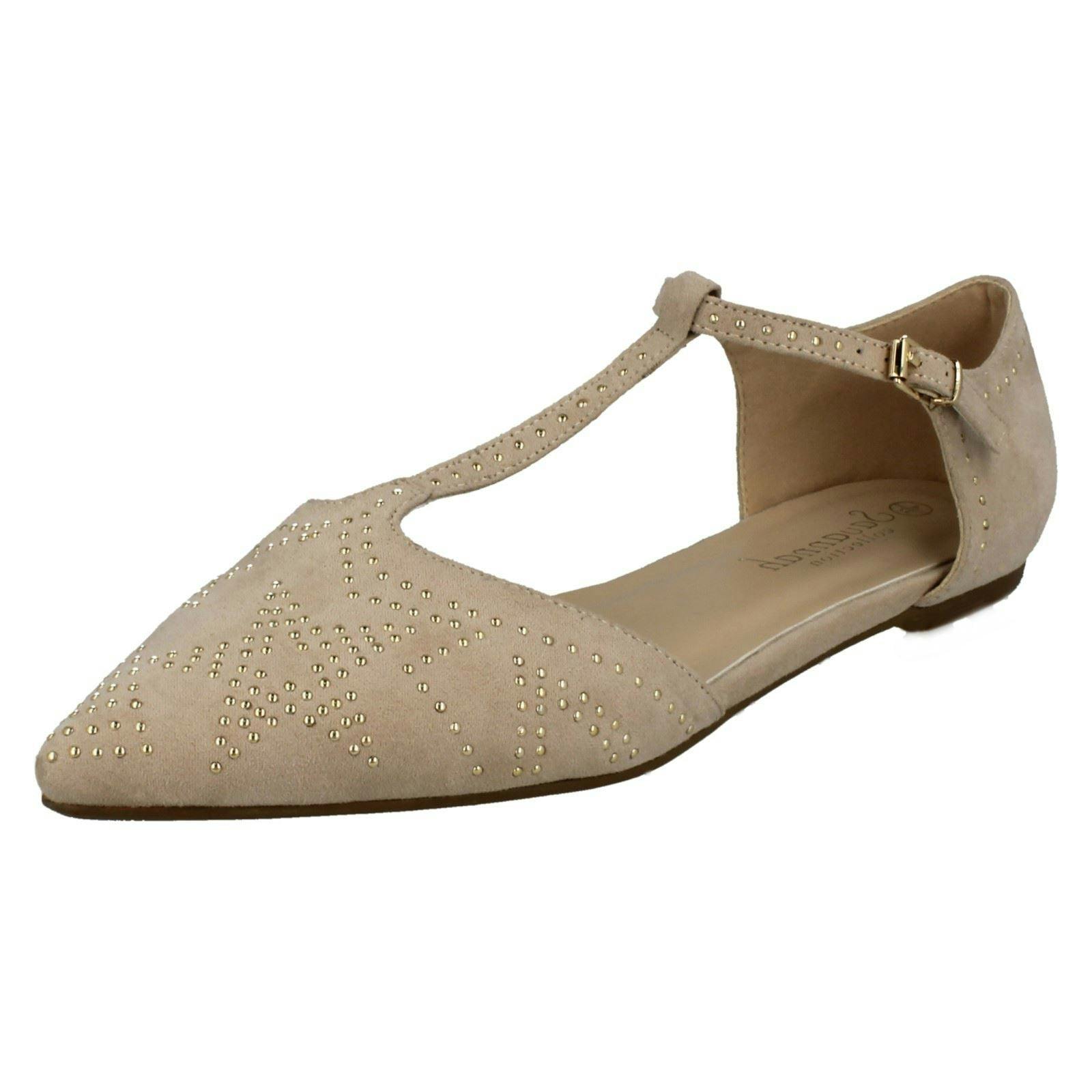 Savannah Women's Flat T-Bar Buckle Strap Pointed Shoes - Nude - Uk 5
