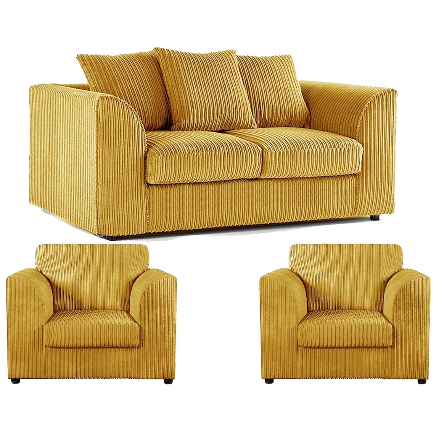 Rackhams Black Luxor Jumbo Cord 2 Seater And 2 X Armchairs - Scatter Back - Mustard