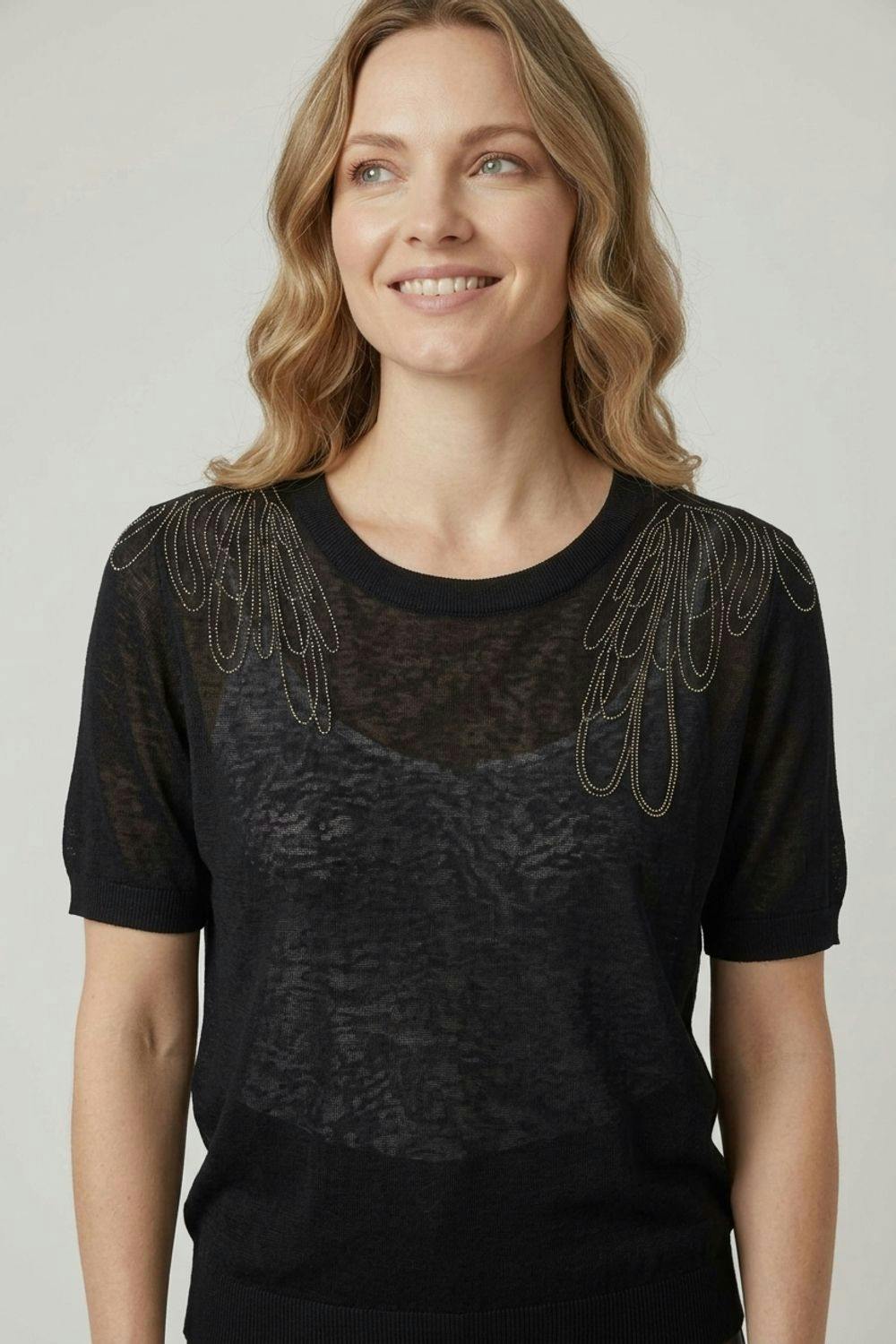 Izabel London Black Abstract Diamante Short Sleeve Knit Top - 12