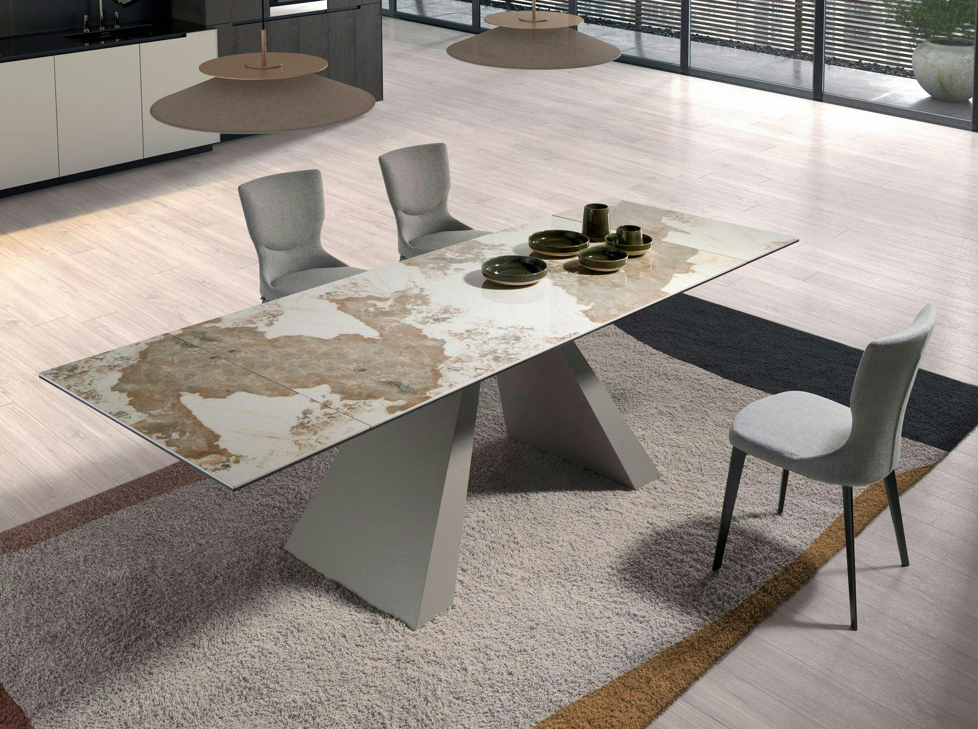 Rackhams Grey Rectangular Extending Dining Table In Porcelain Marble And Taupe Steel 1124