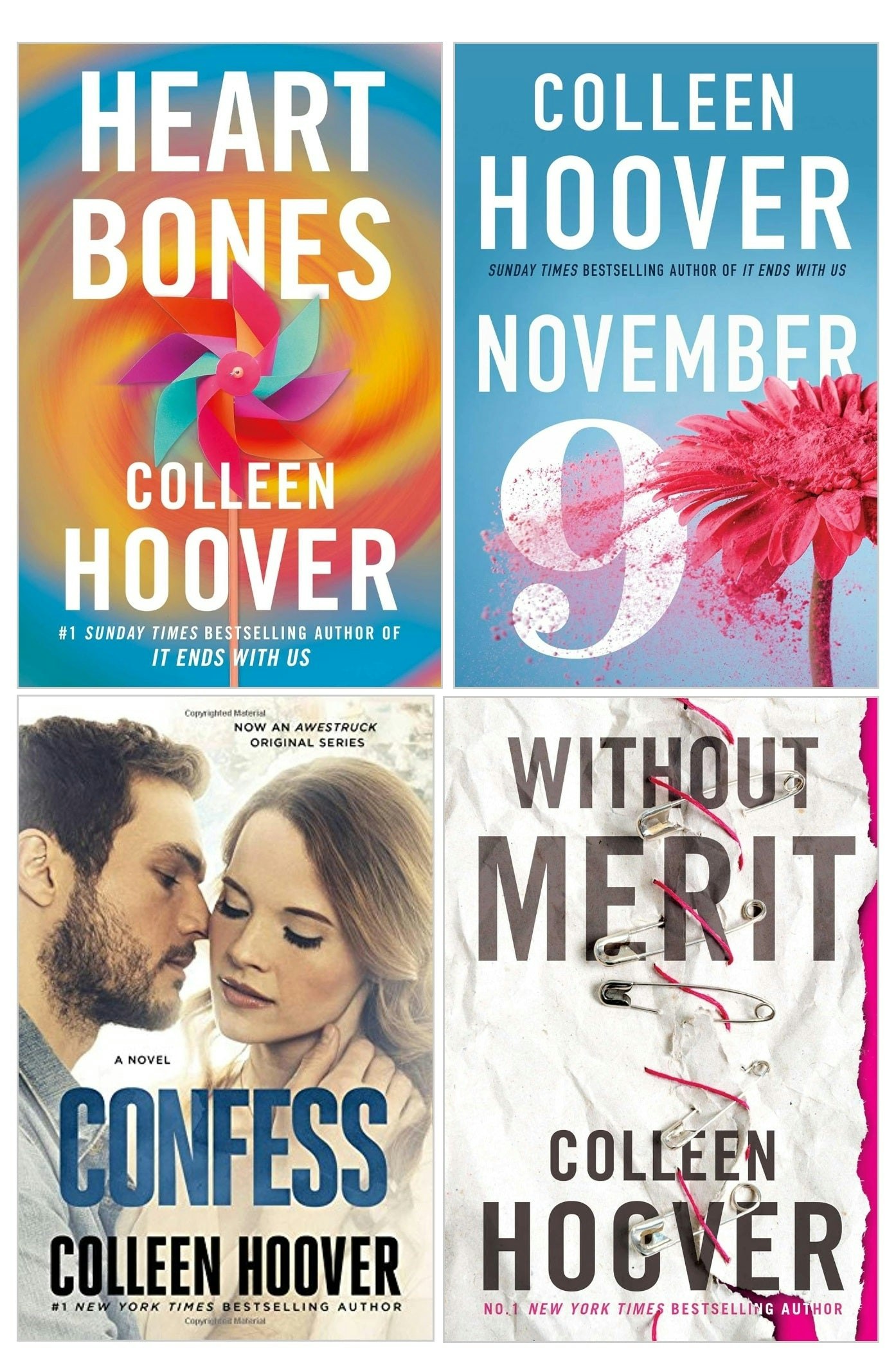 Various Publishers Colleen Hoover Collection 4 Books Set (Heart Bones, November 9, Without Merit, Confess)