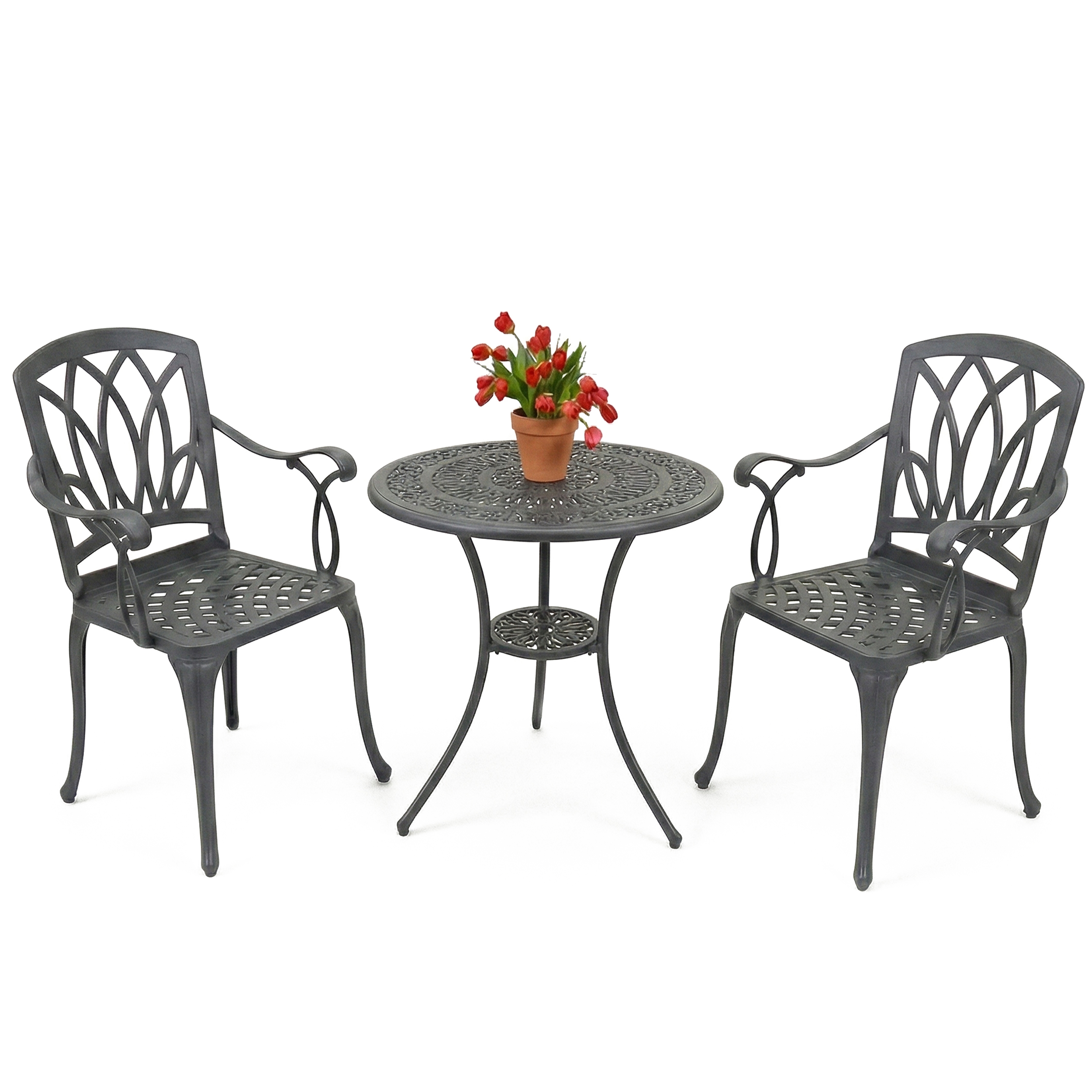 Rackhams Grey Positano Luxurious Garden And Patio Table And 2 Large Chairs With Armrests Cast Aluminium Bistro Set
